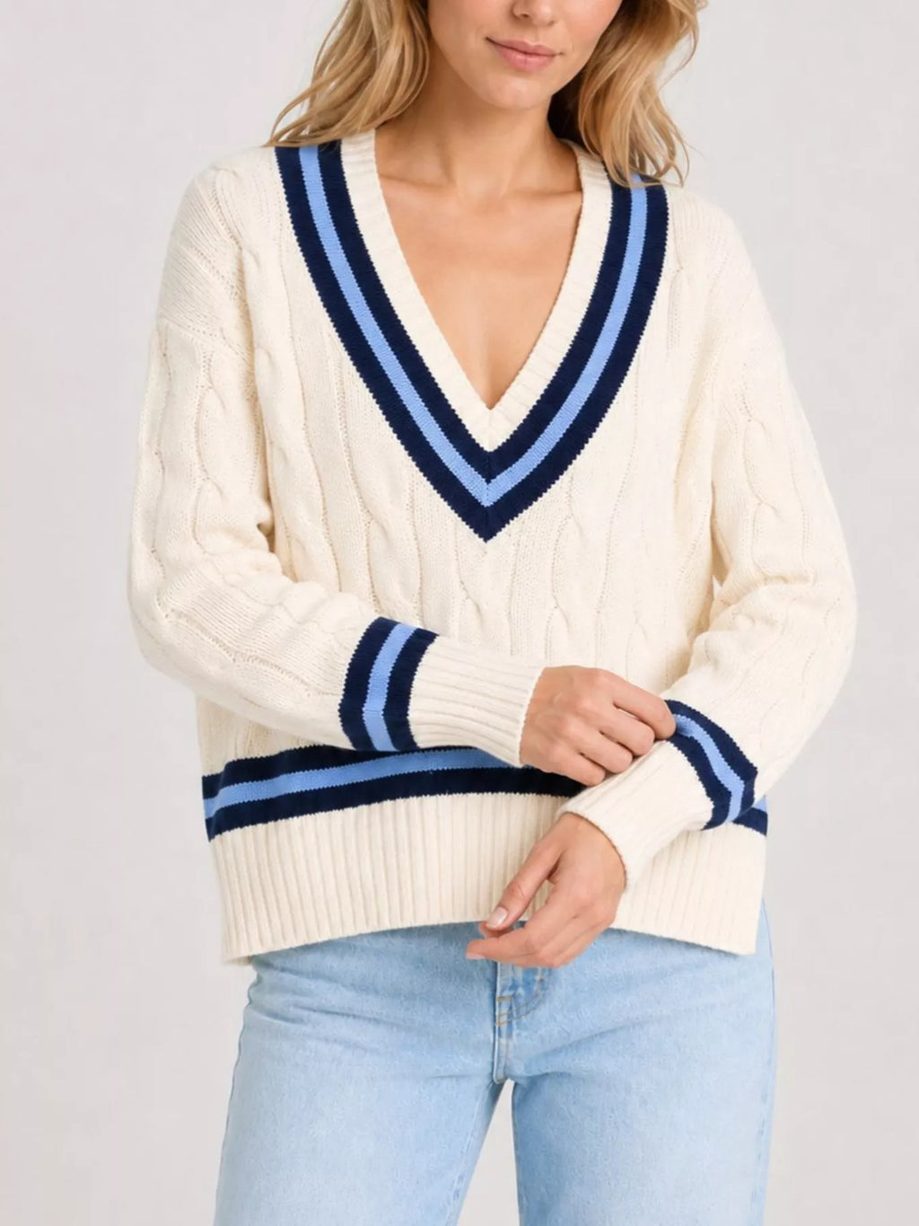 V-Neck Cable Knit Sweater with Contrast Striped Trim