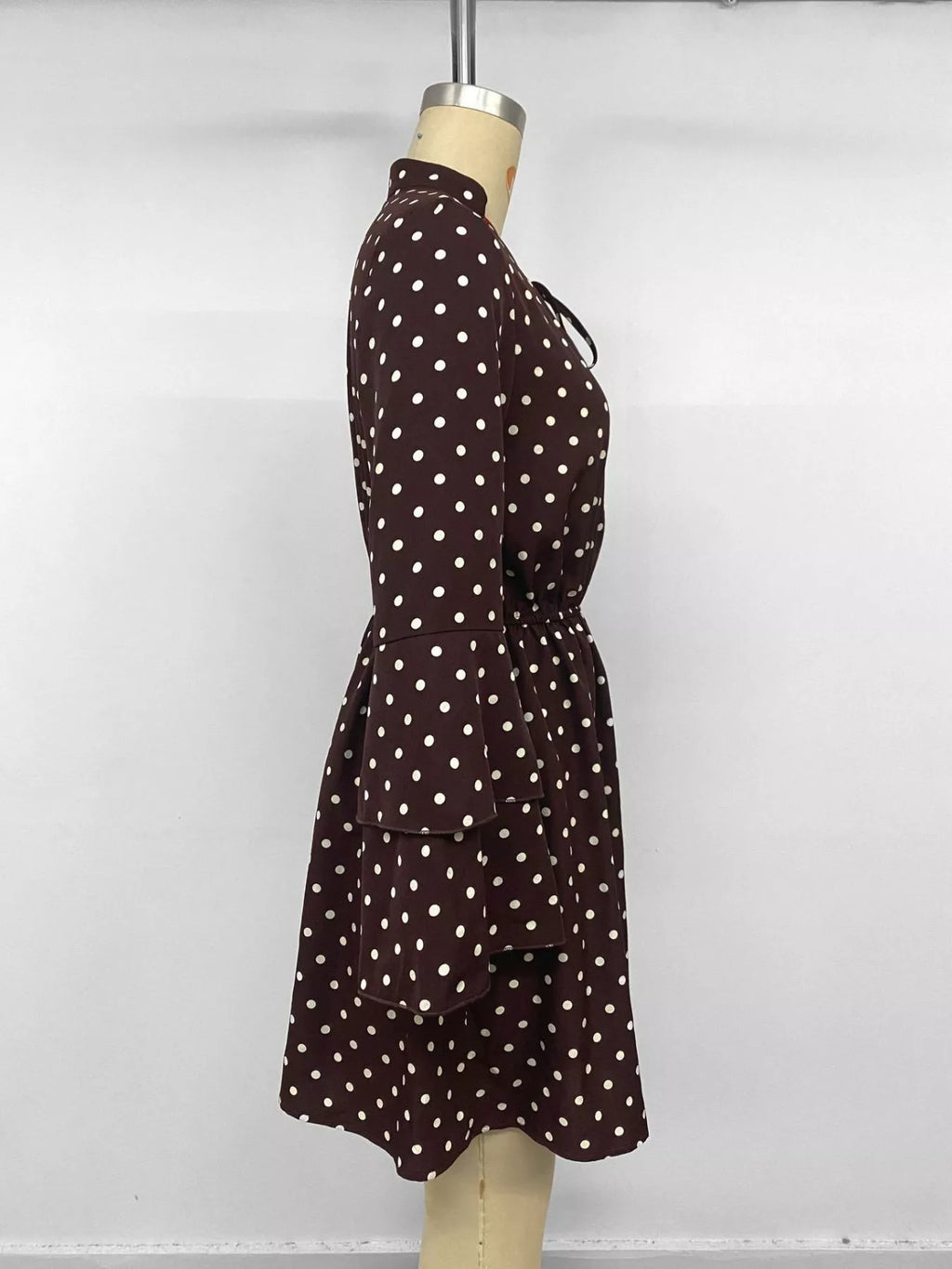 Polka Dot Flare Sleeve Tie Neck Dress