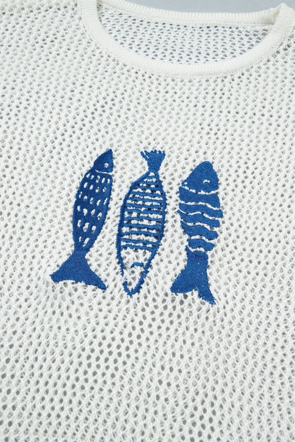 White Open Knit Fish Embroidered Casual Sweater