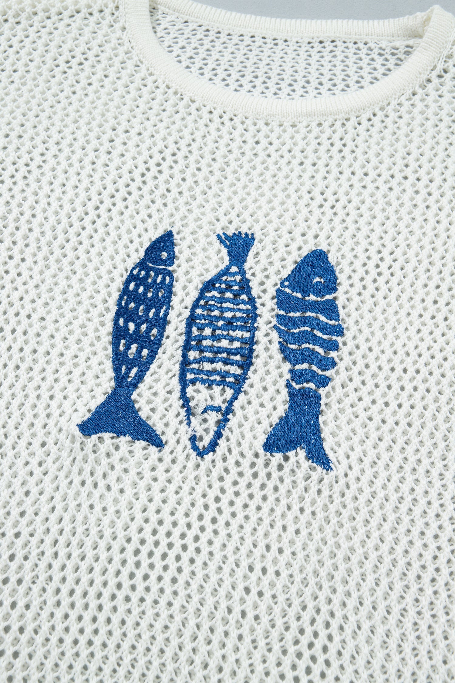 White Open Knit Fish Embroidered Casual Sweater