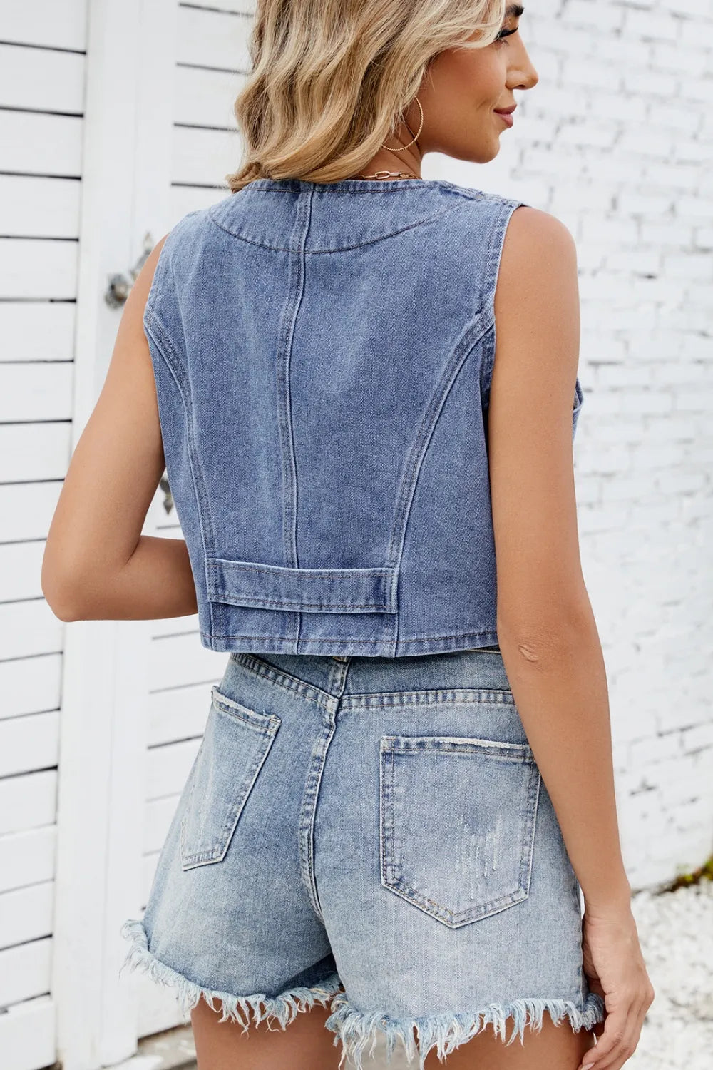 Button Down V-Neck Denim Vest