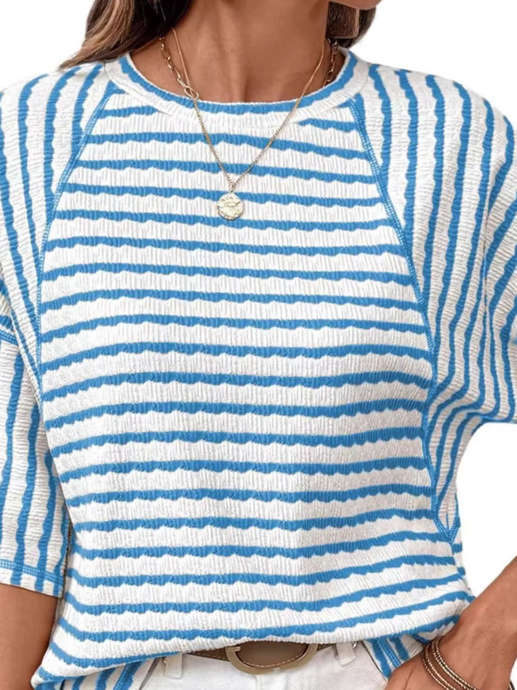 Casual Striped Raglan Sleeve Textured T-Shirt