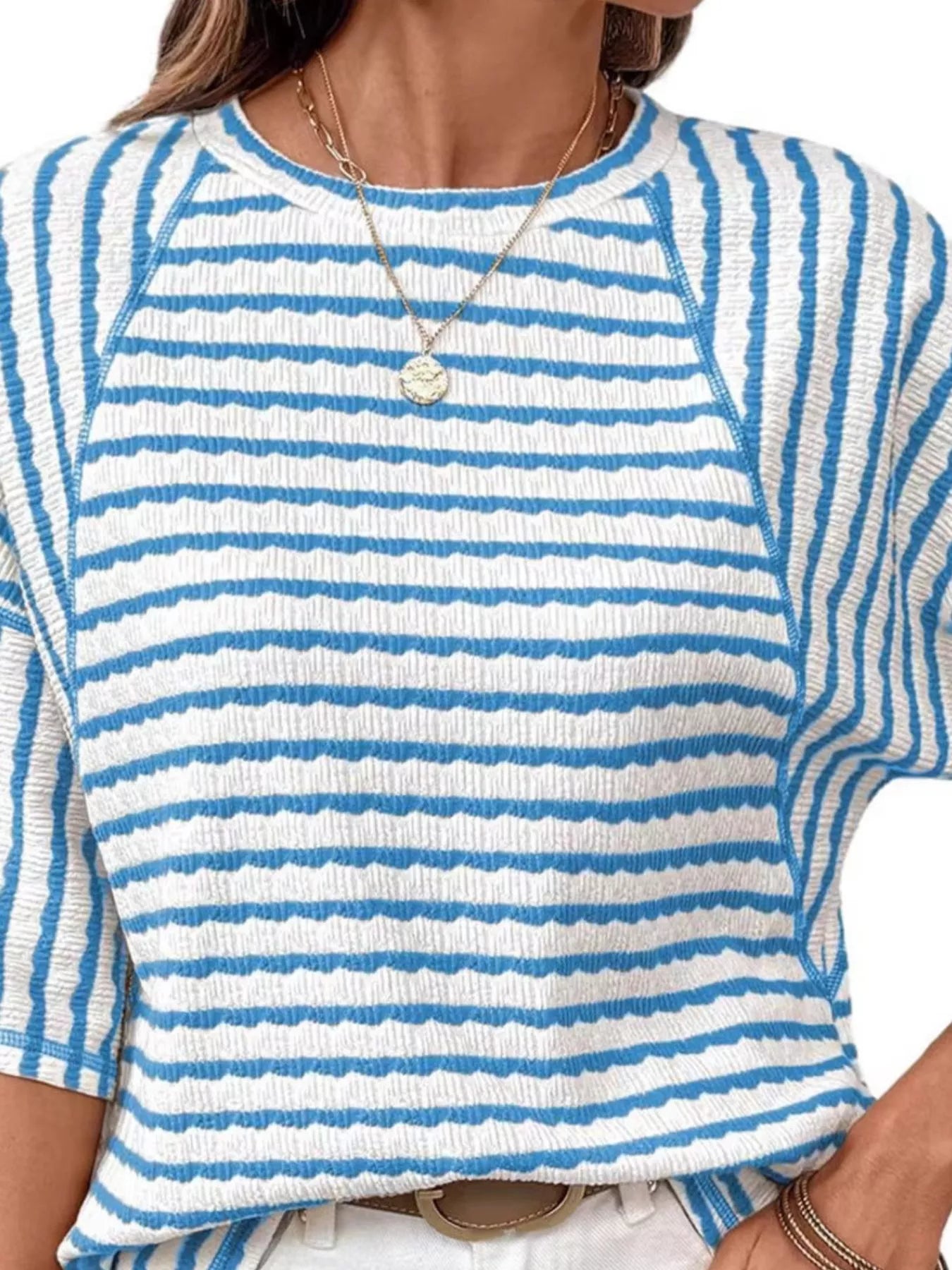 Casual Striped Raglan Sleeve Textured T-Shirt