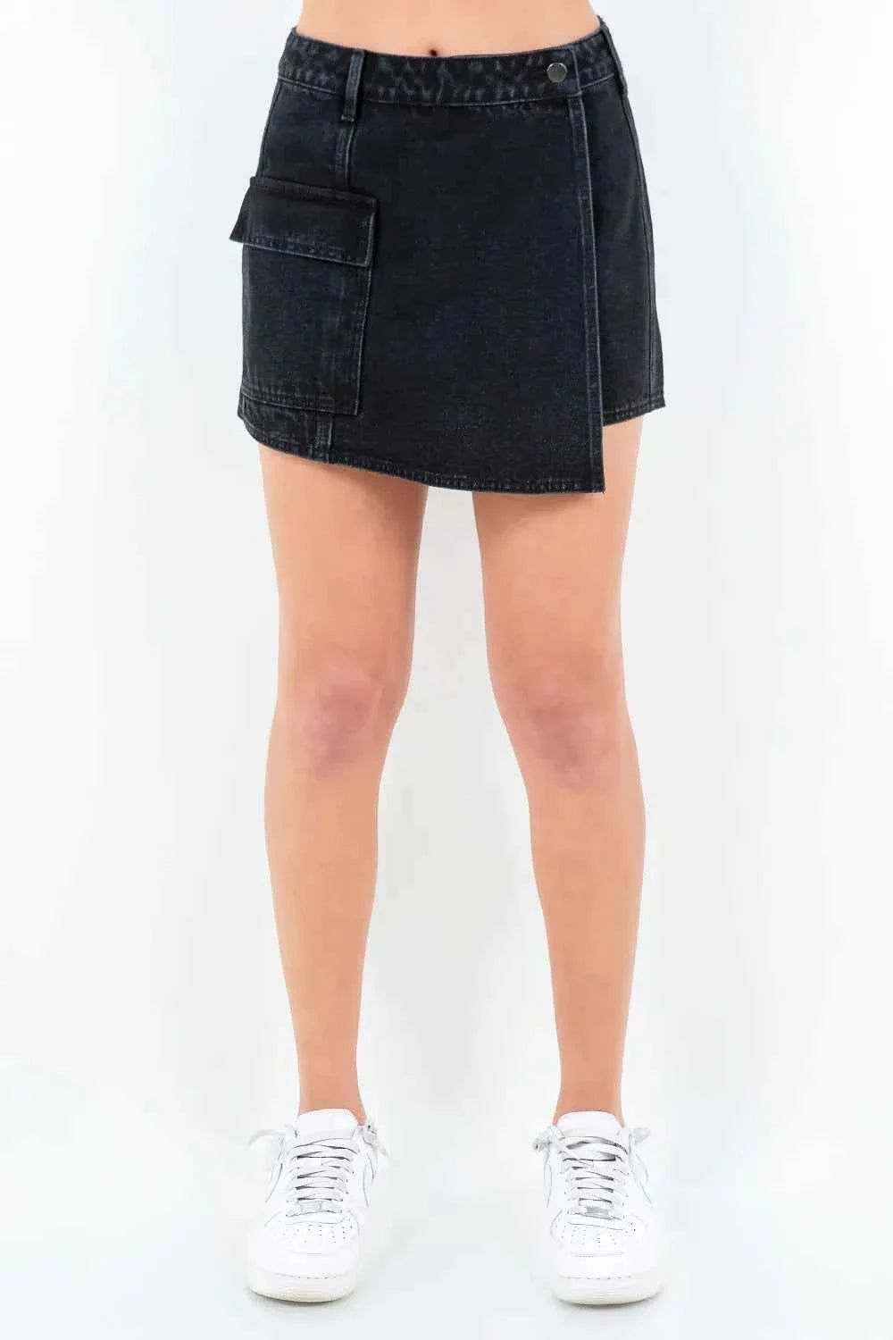 Black Cargo Pocket Asymmetrical Mini Skort