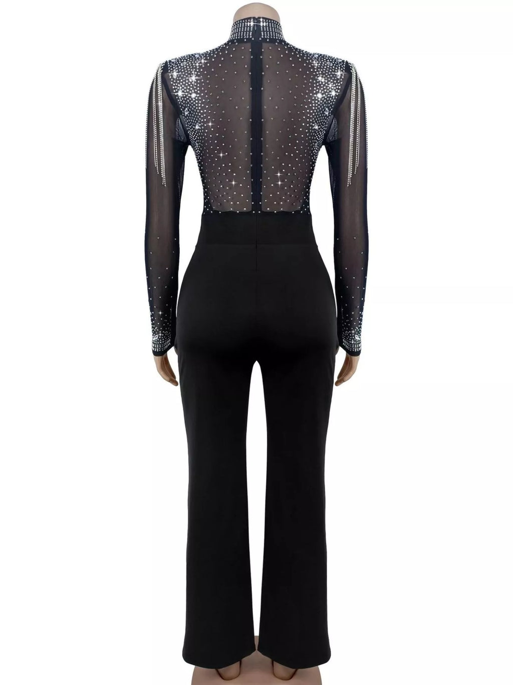 Rhinestone Embellished Mesh Long Sleeve Jumpsuit