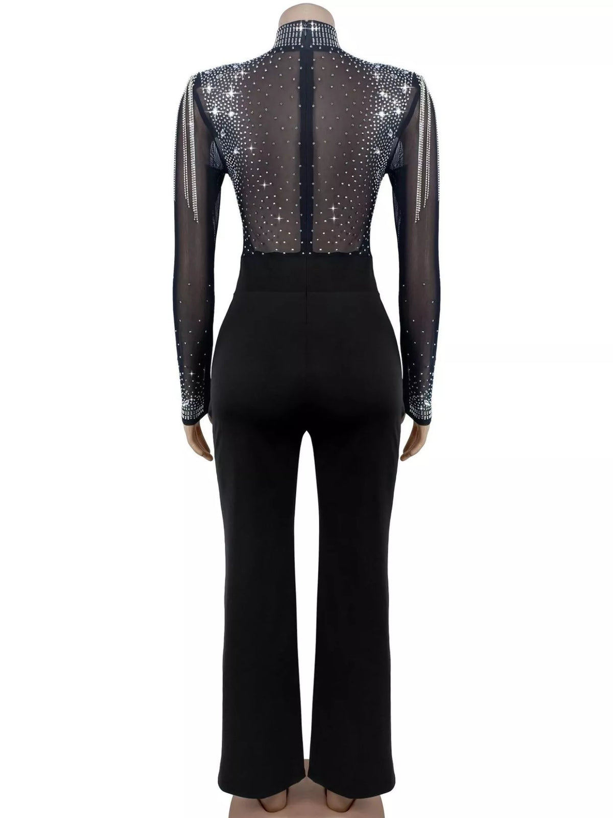 Rhinestone Embellished Mesh Long Sleeve Jumpsuit