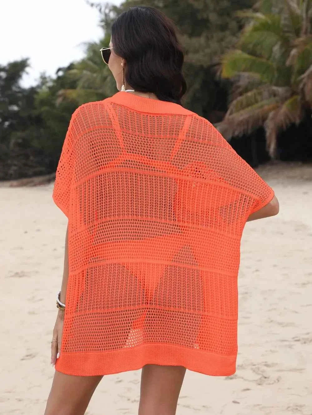 Hollow Out Collared Neck Openwork Sheer Cover-Up