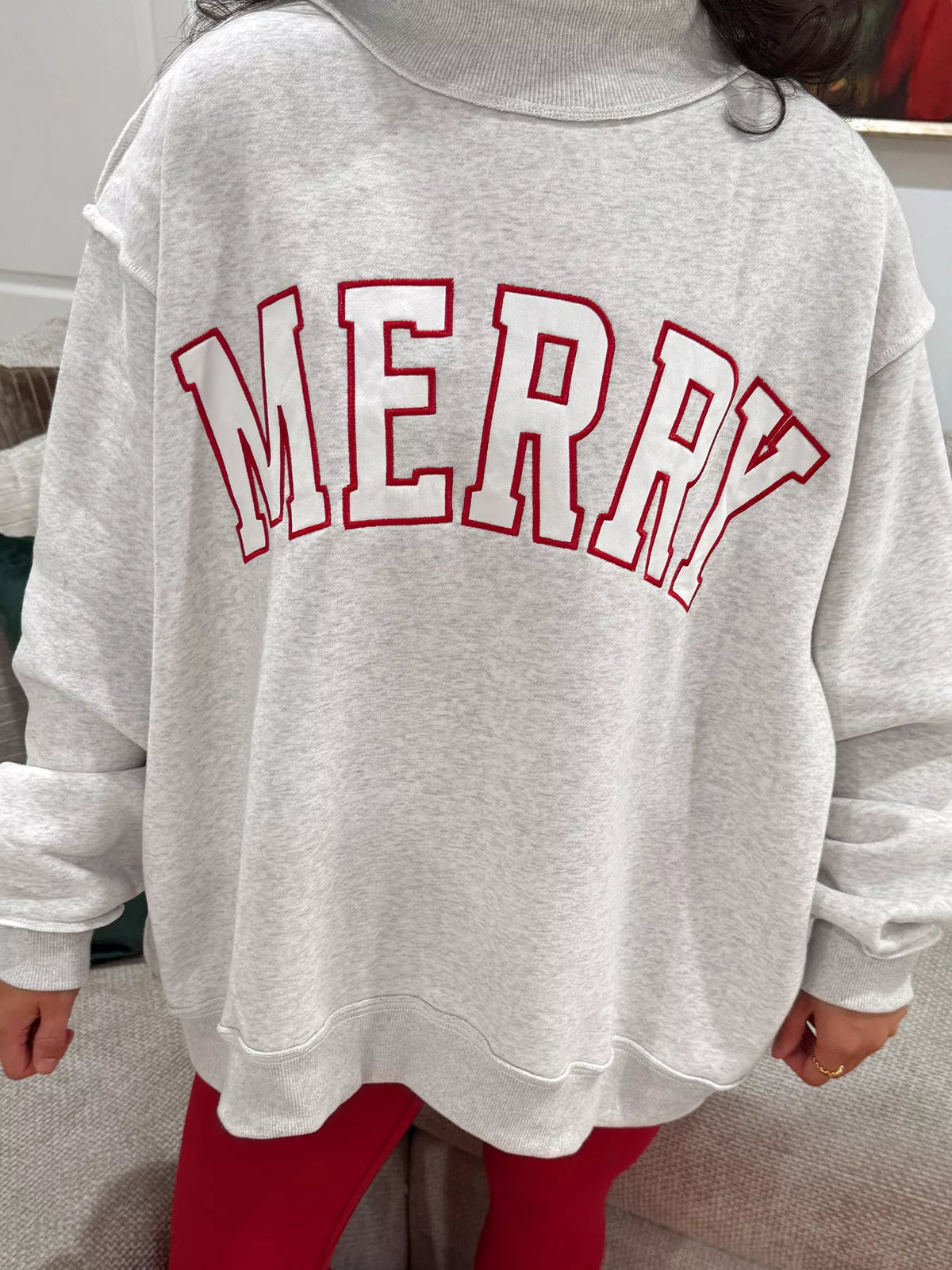 MERRY Embroidered Letter High Neck Tunic Pullover Sweatshirt