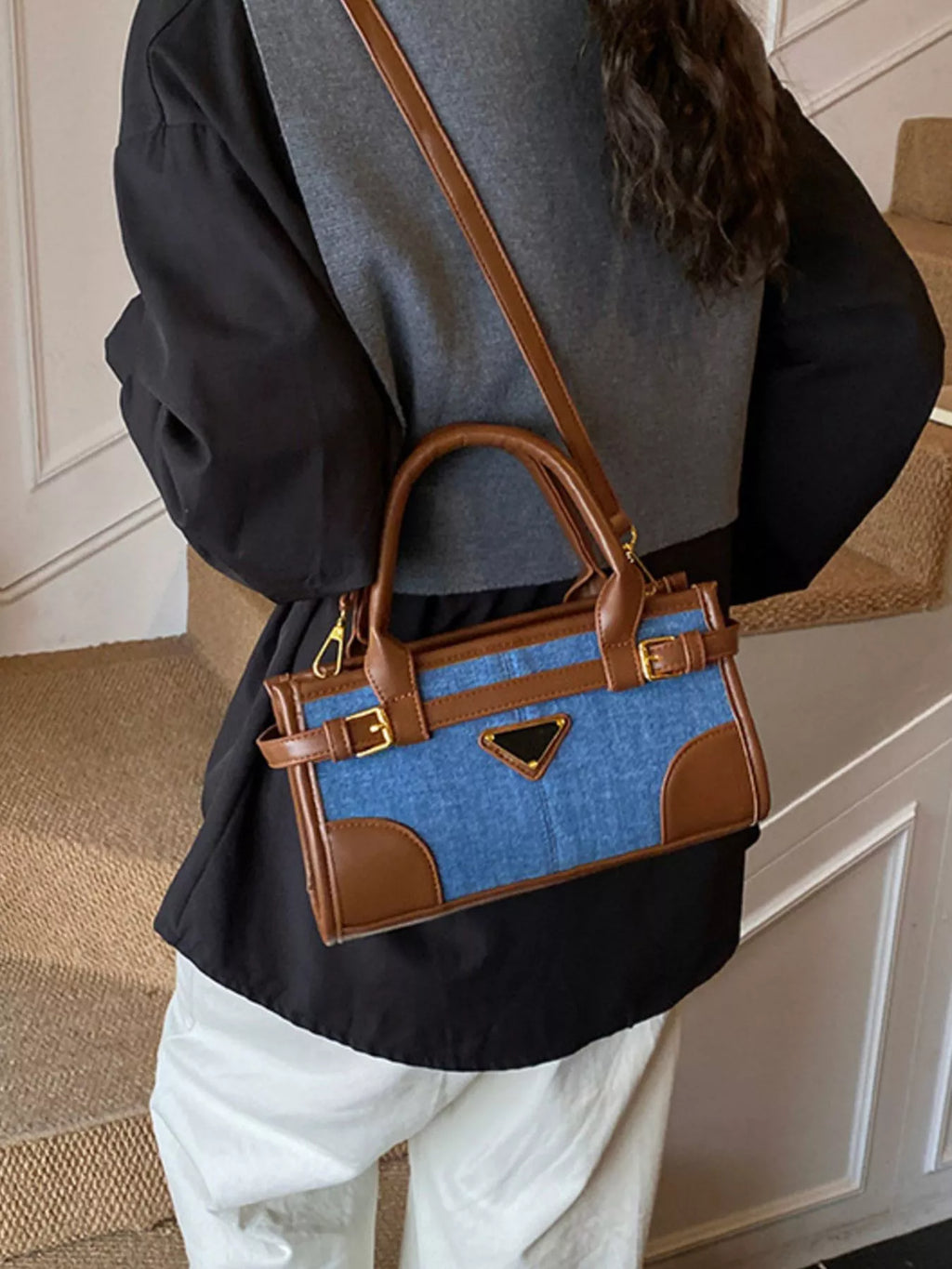 Denim Patchwork Buckle Decor Crossbody Bag