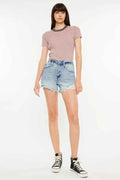 Distressed High Waist Denim Shorts with Pockets