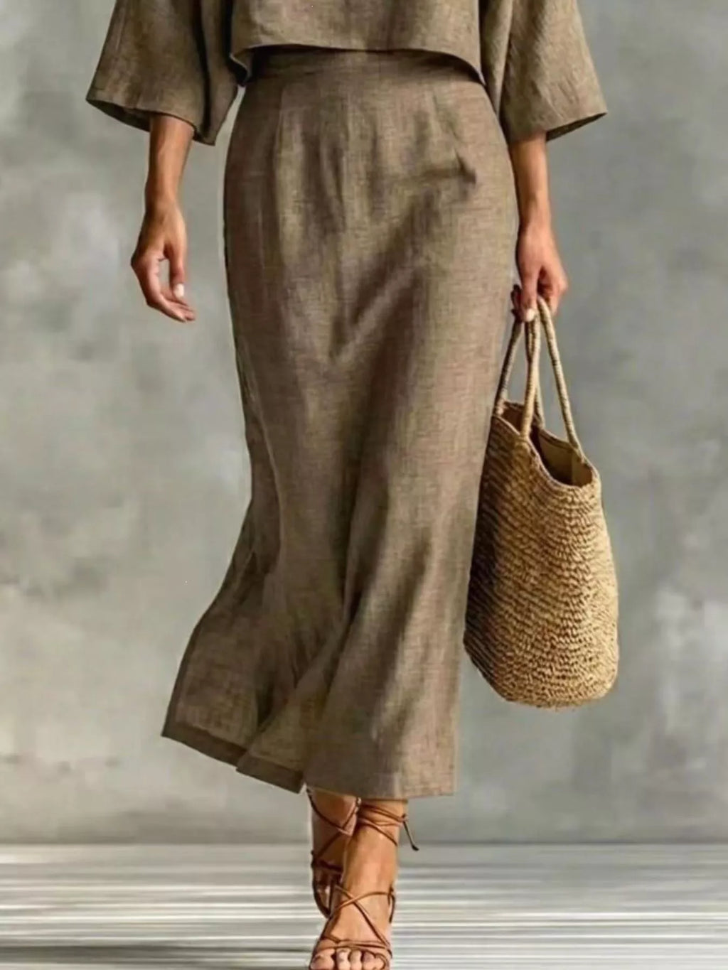 Full Size Solid Color Cropped Top and Midi Skirt Set Plus Size