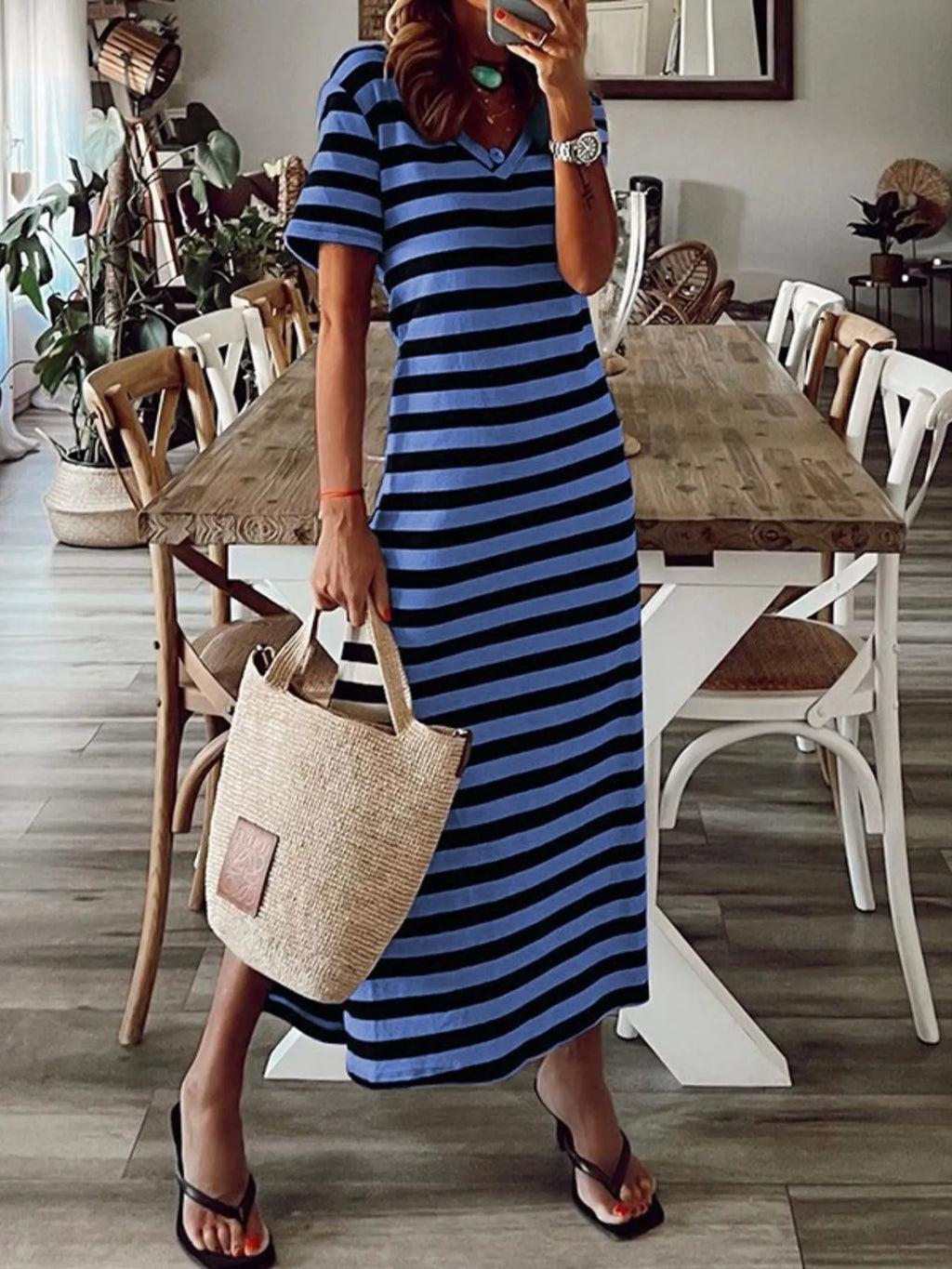 Full Size Striped V-Neck Midi Dress with Side Slit Plus Size