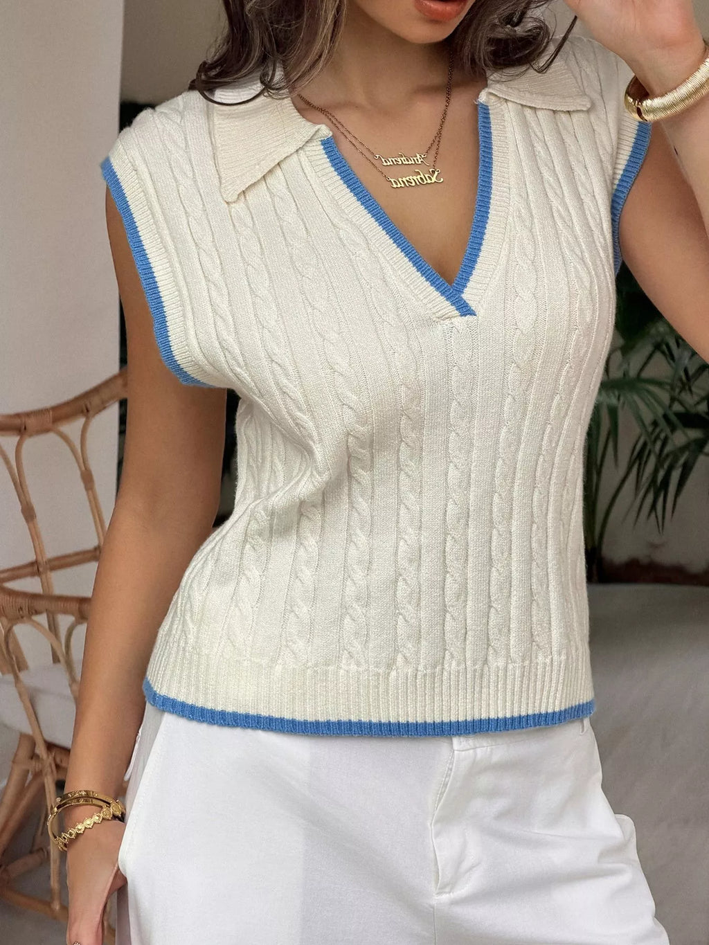 Cable Knit Polo Sweater Vest with Contrast Trim