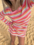 Striped Long Sleeve Crochet Knit Dress