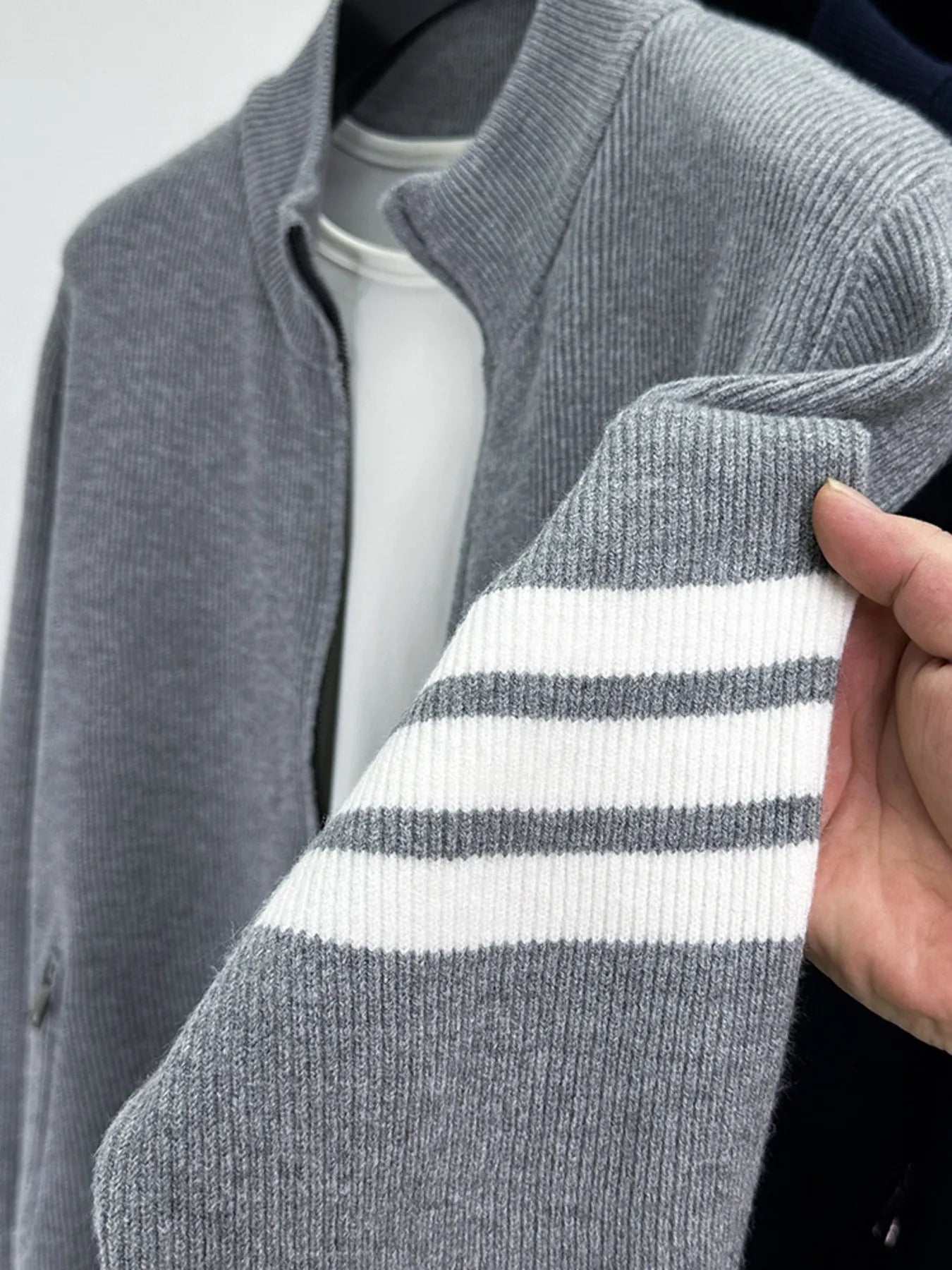 Men's Plus Size Zip Up Striped Long Sleeve Cardigan