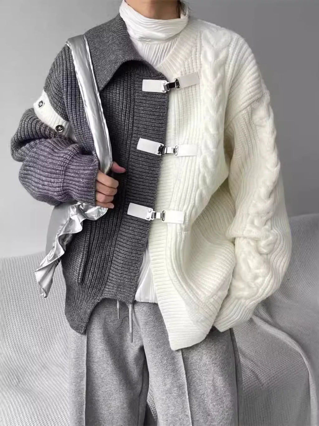 Men's Plus Size Two-Tone Buckle Closure Knit Cardigan