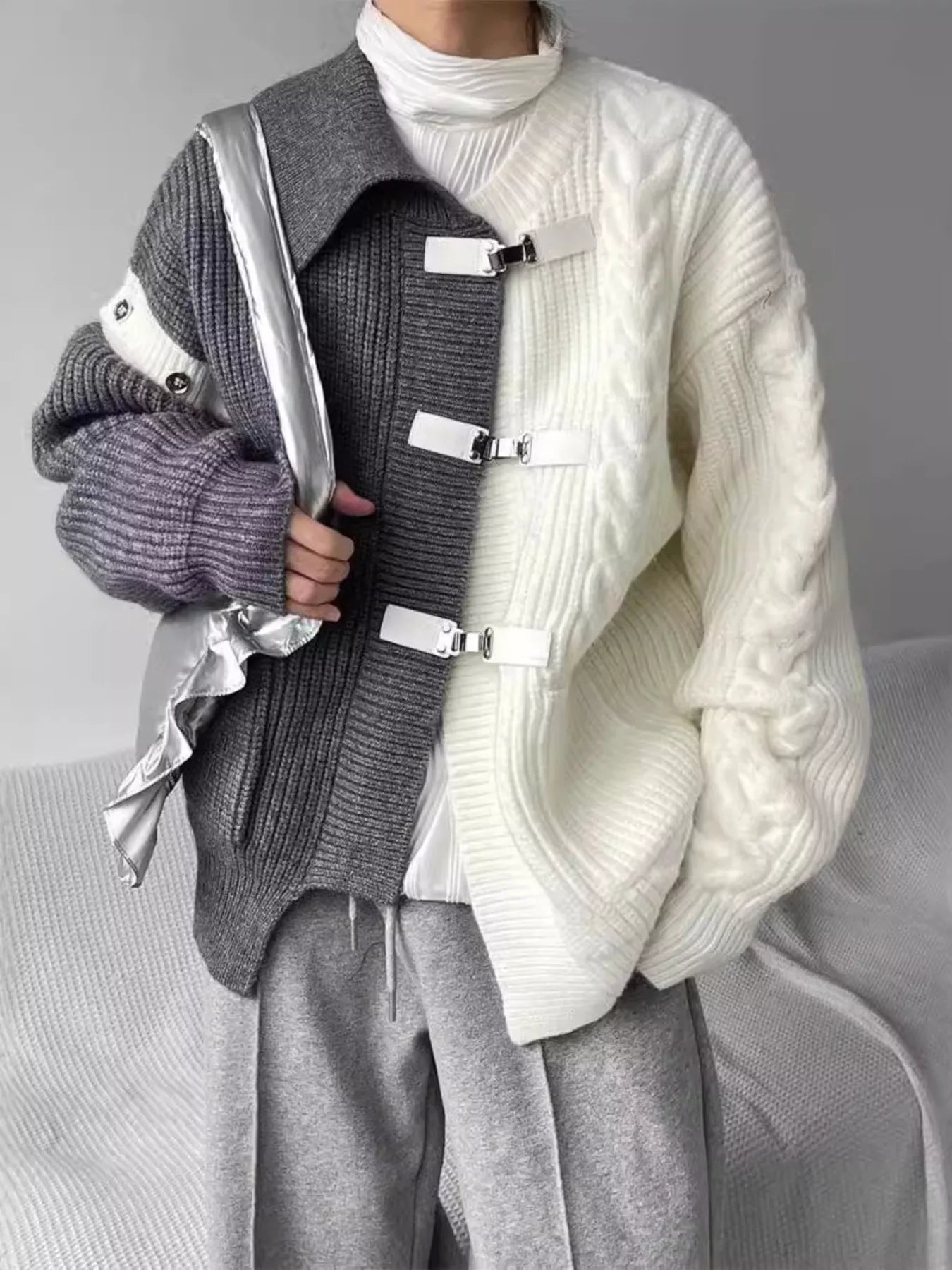 Men's Plus Size Two-Tone Buckle Closure Knit Cardigan