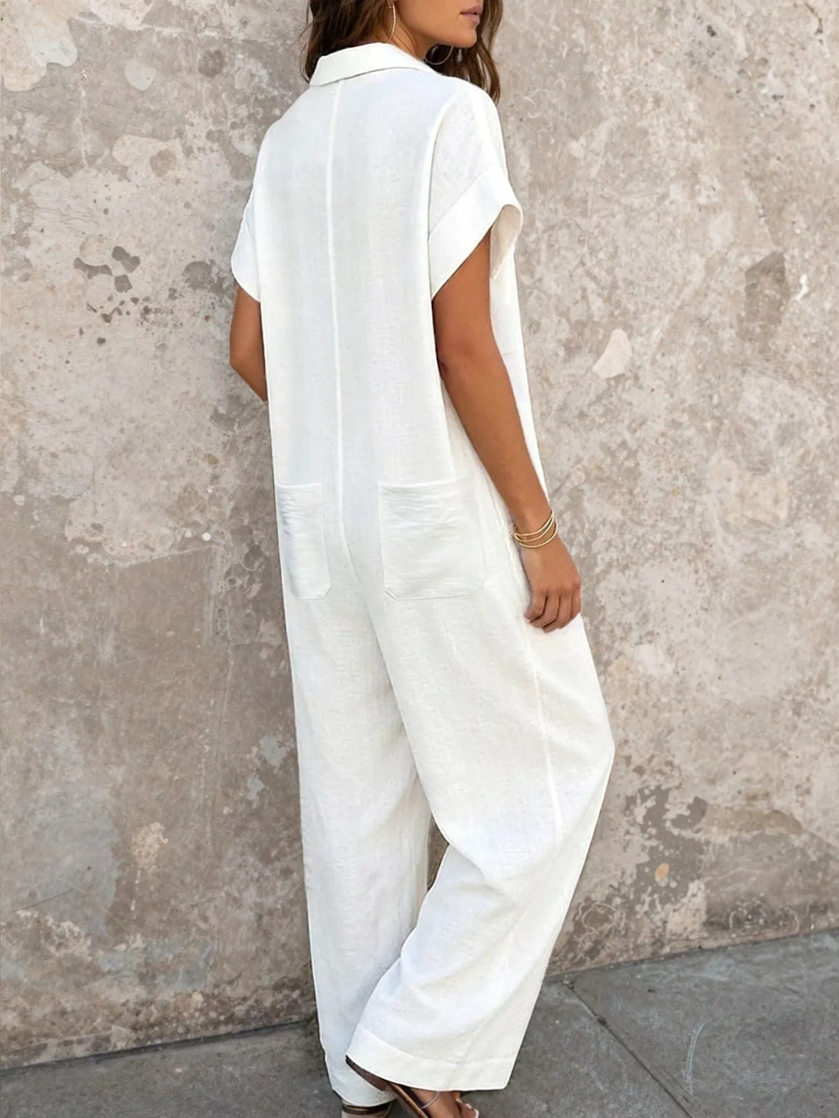 Button Front Short Sleeve Jumpsuit