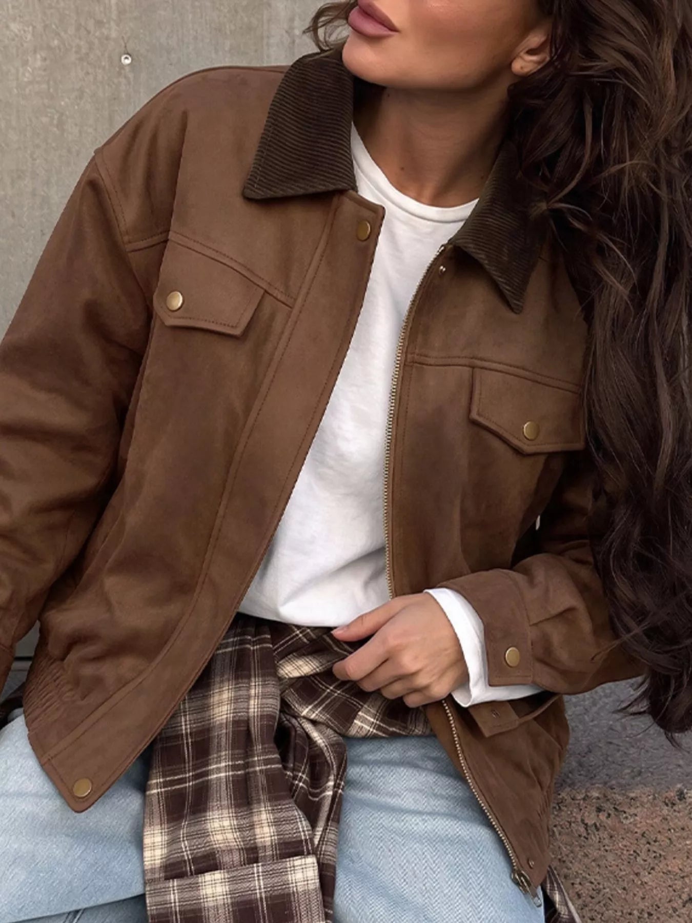 Corduroy Collar Zip-Up Jacket