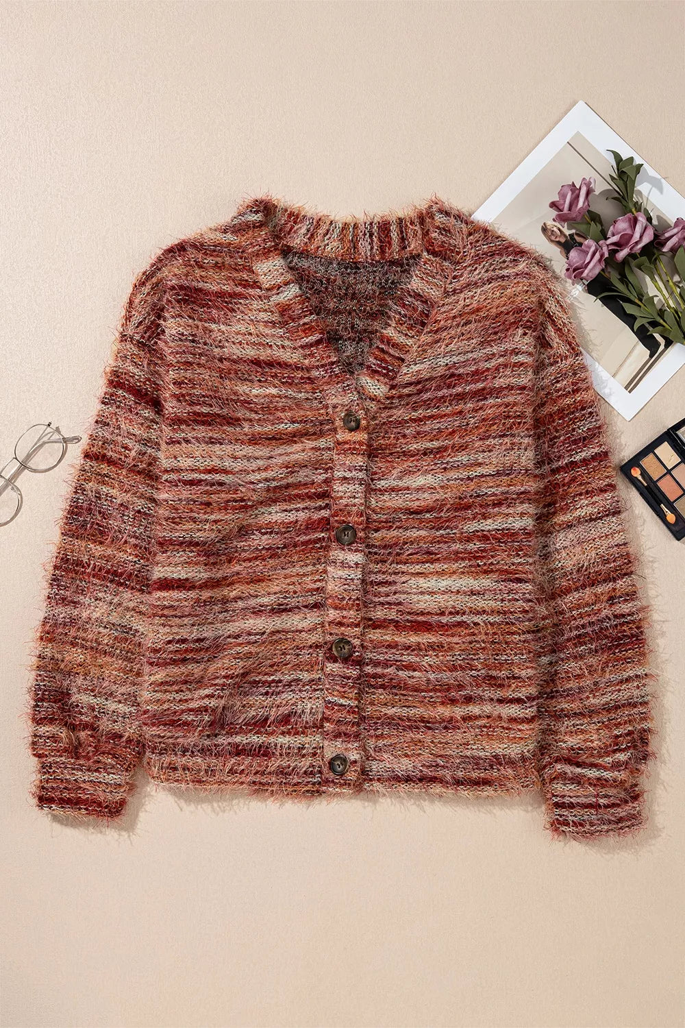 Fuzzy Striped Button Front Cardigan Sweater