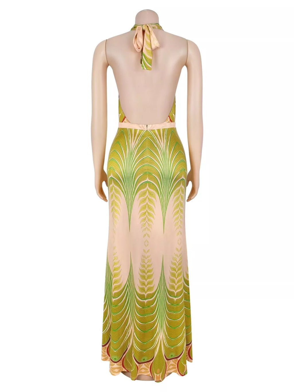 Elegant Halter Neck Maxi Dress with Gradient Leaf Print