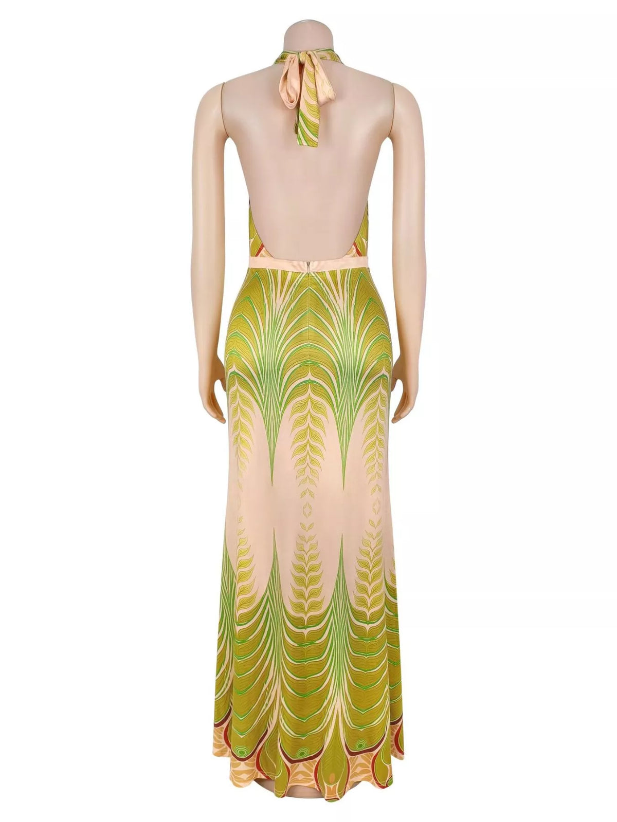 Elegant Halter Neck Maxi Dress with Gradient Leaf Print