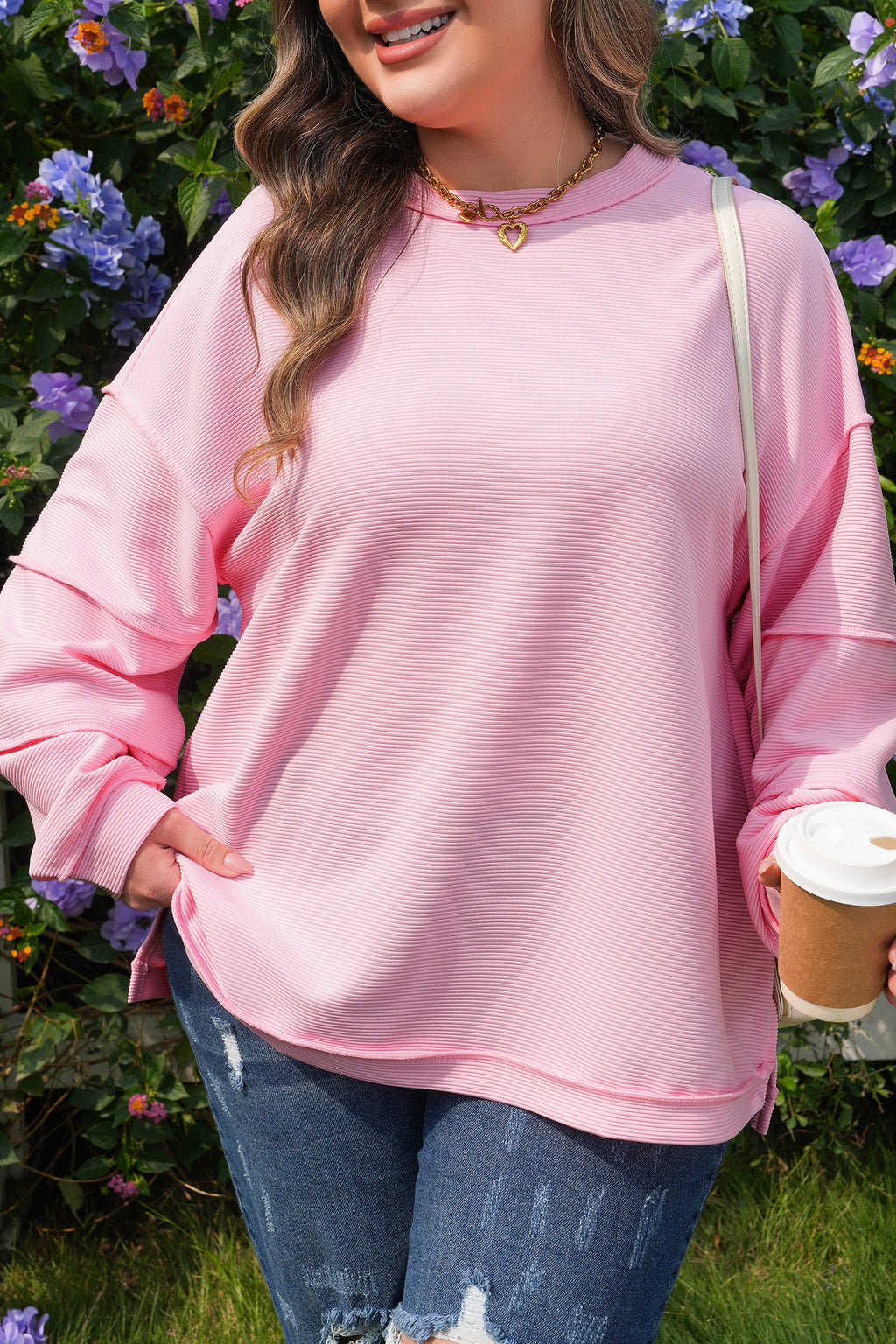 Plus Size Solid Ribbed Drop Shoulder Top
