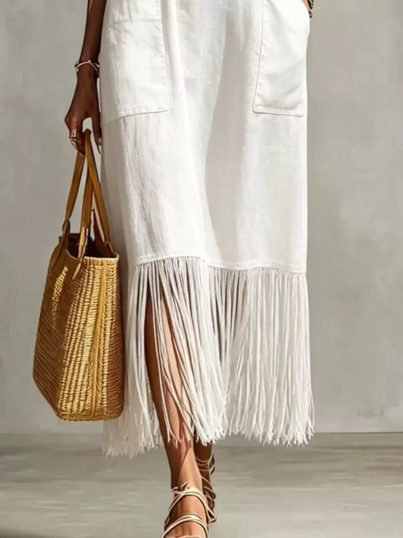 Full Size Fringe V-Neck Spaghetti Strap Dress Plus Size