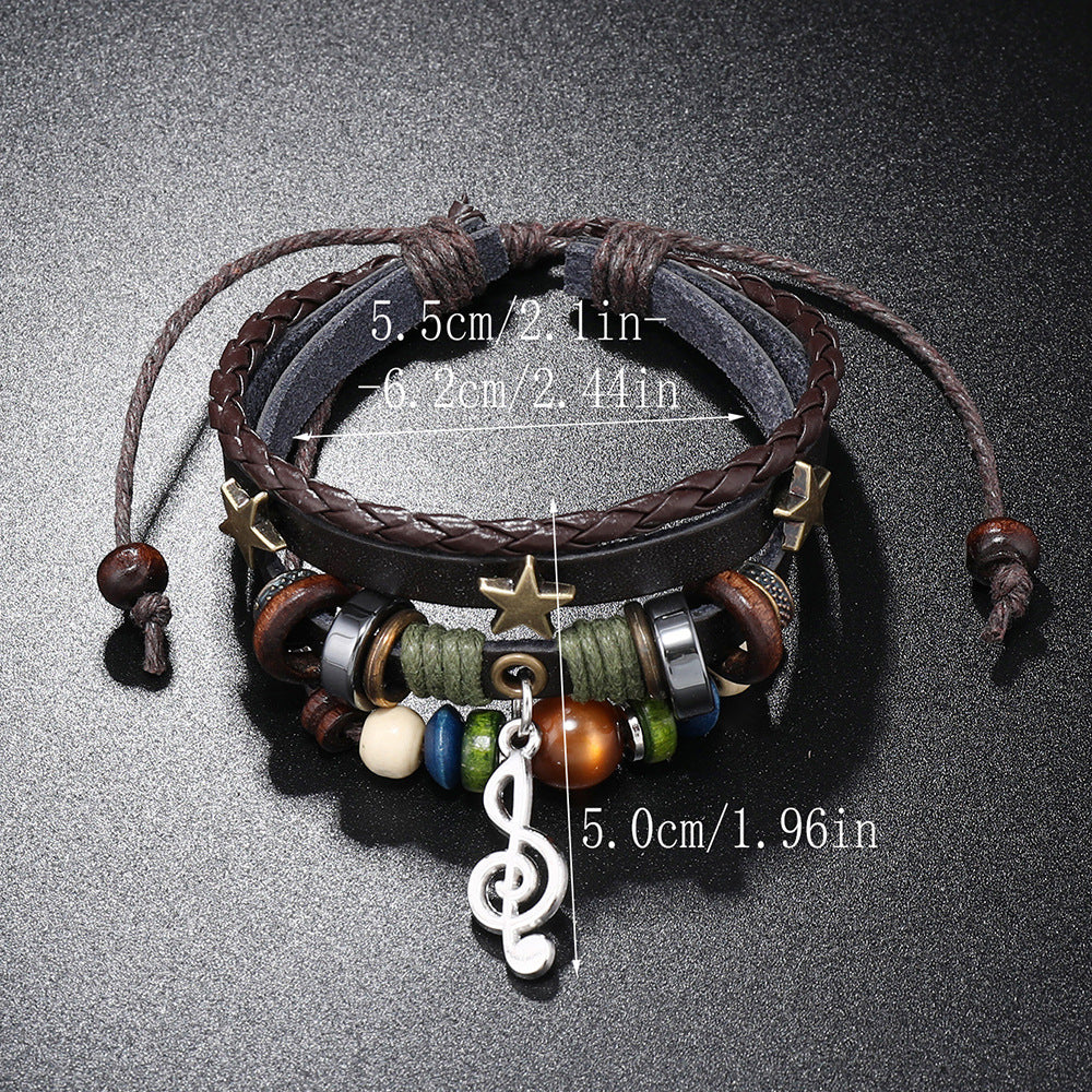 Cross-Border New Jewelry Multi-Layer Beaded Leather Bracelet With Musical Note Pendant, Music Festival Accessories, Hand-Woven
