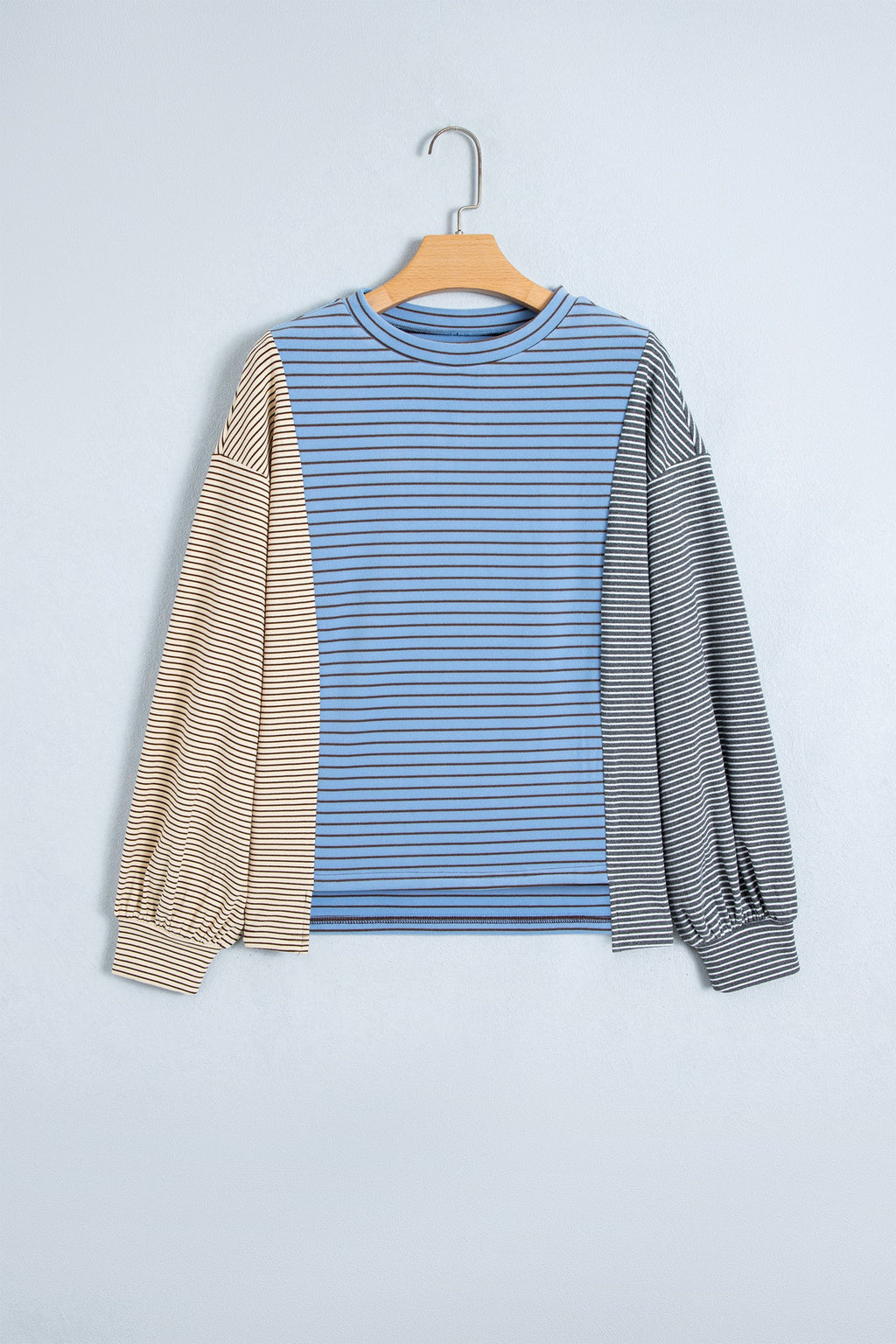 Sky Blue Stripe Color Block Contrast Long Sleeve Round Neck Casual Shift Pullover