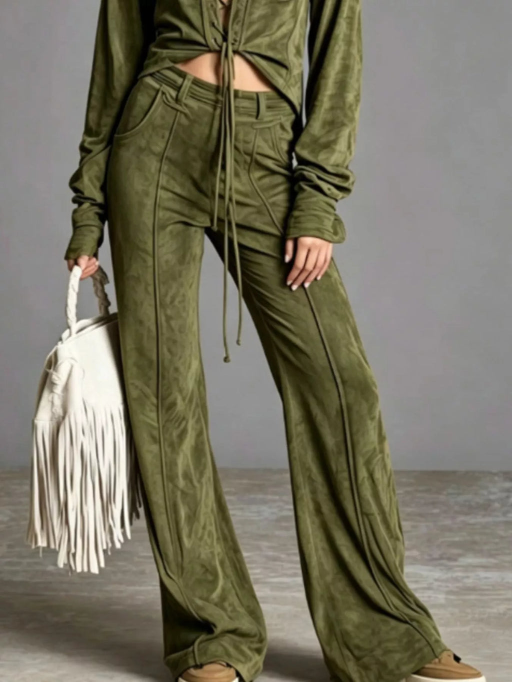 Full Size Lace-Up Long Sleeve Top and Wide-Leg Pants Set Plus Size