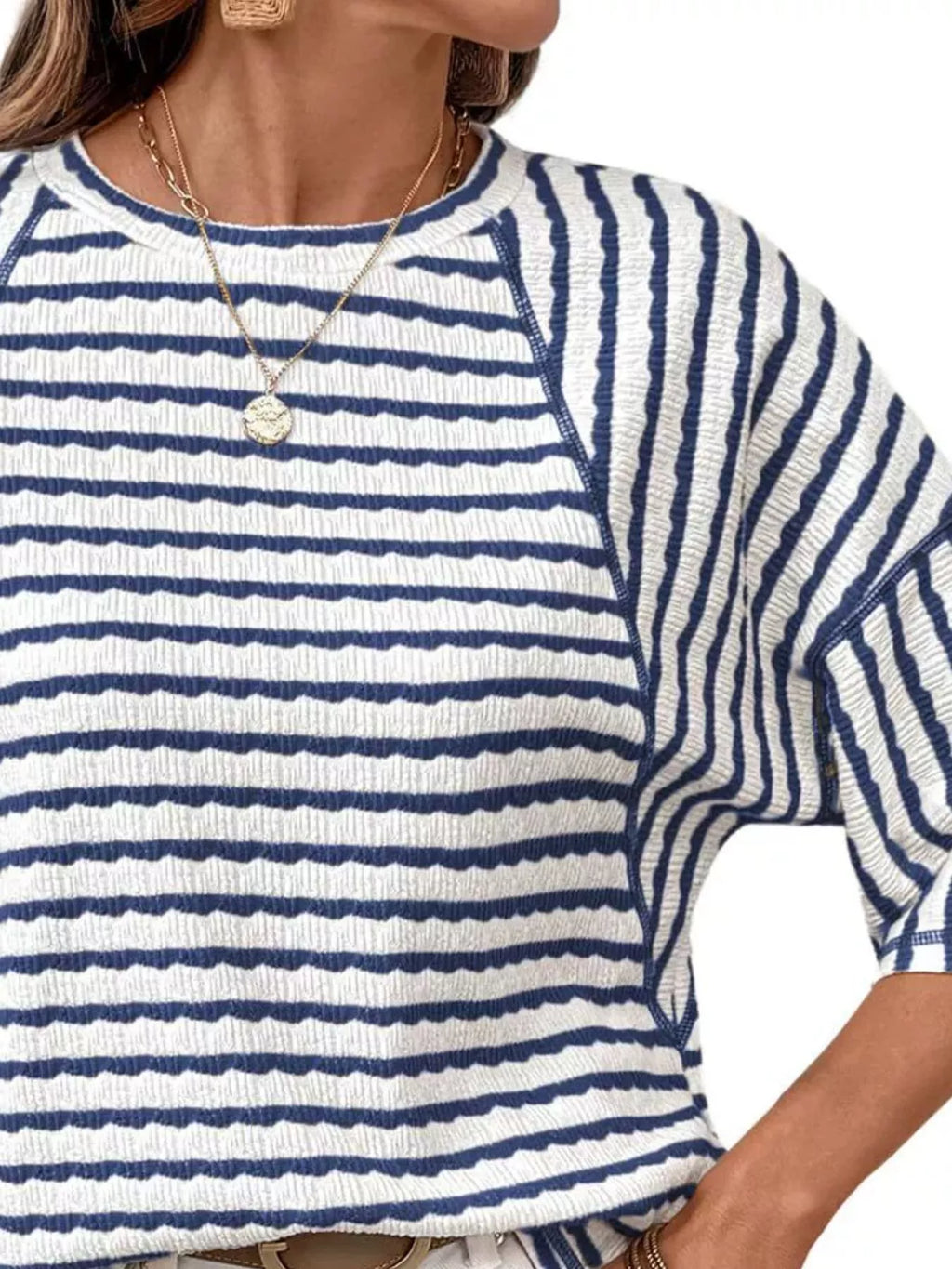 Casual Striped Raglan Sleeve Textured T-Shirt