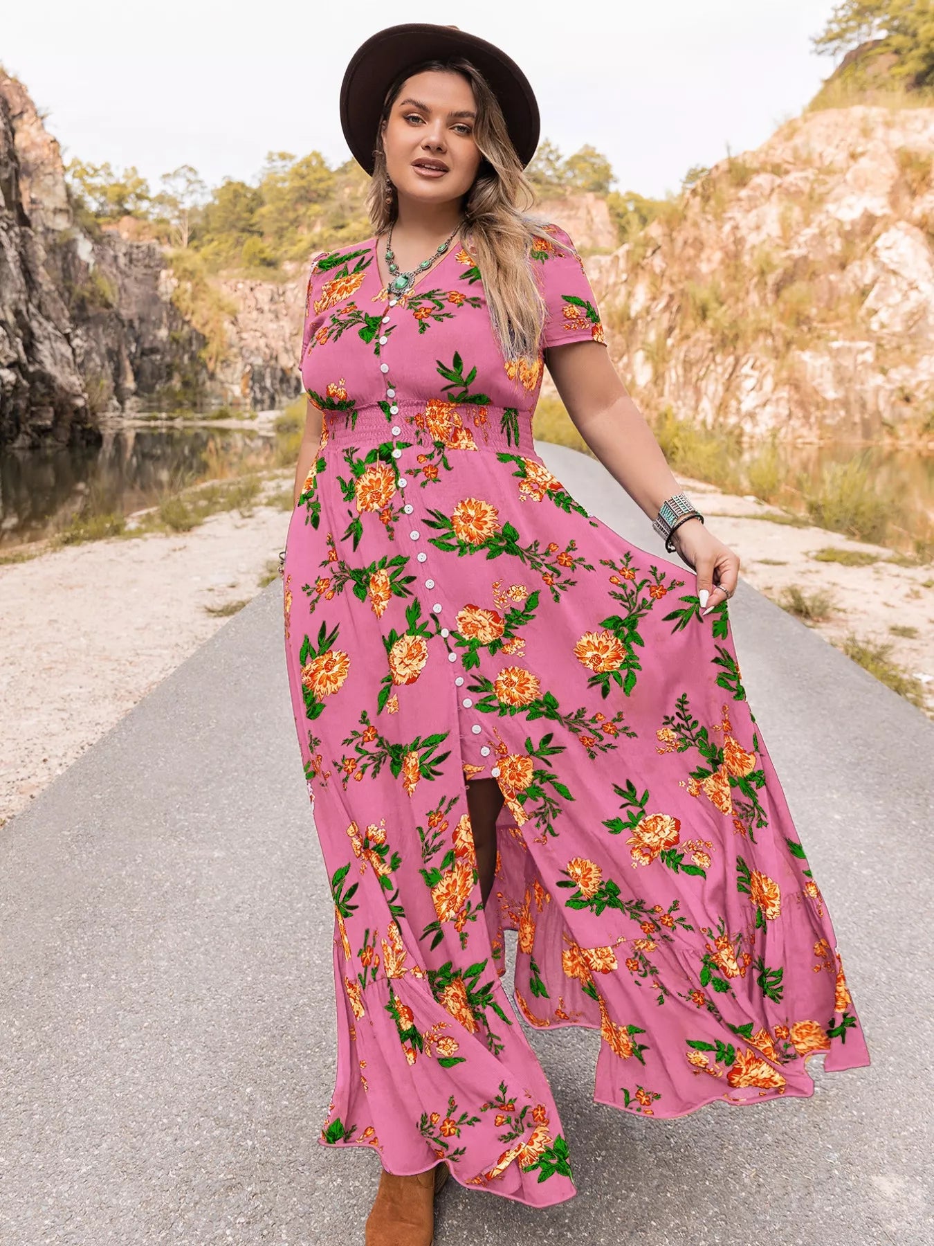 Floral V-Neck Short Sleeve Maxi Dress