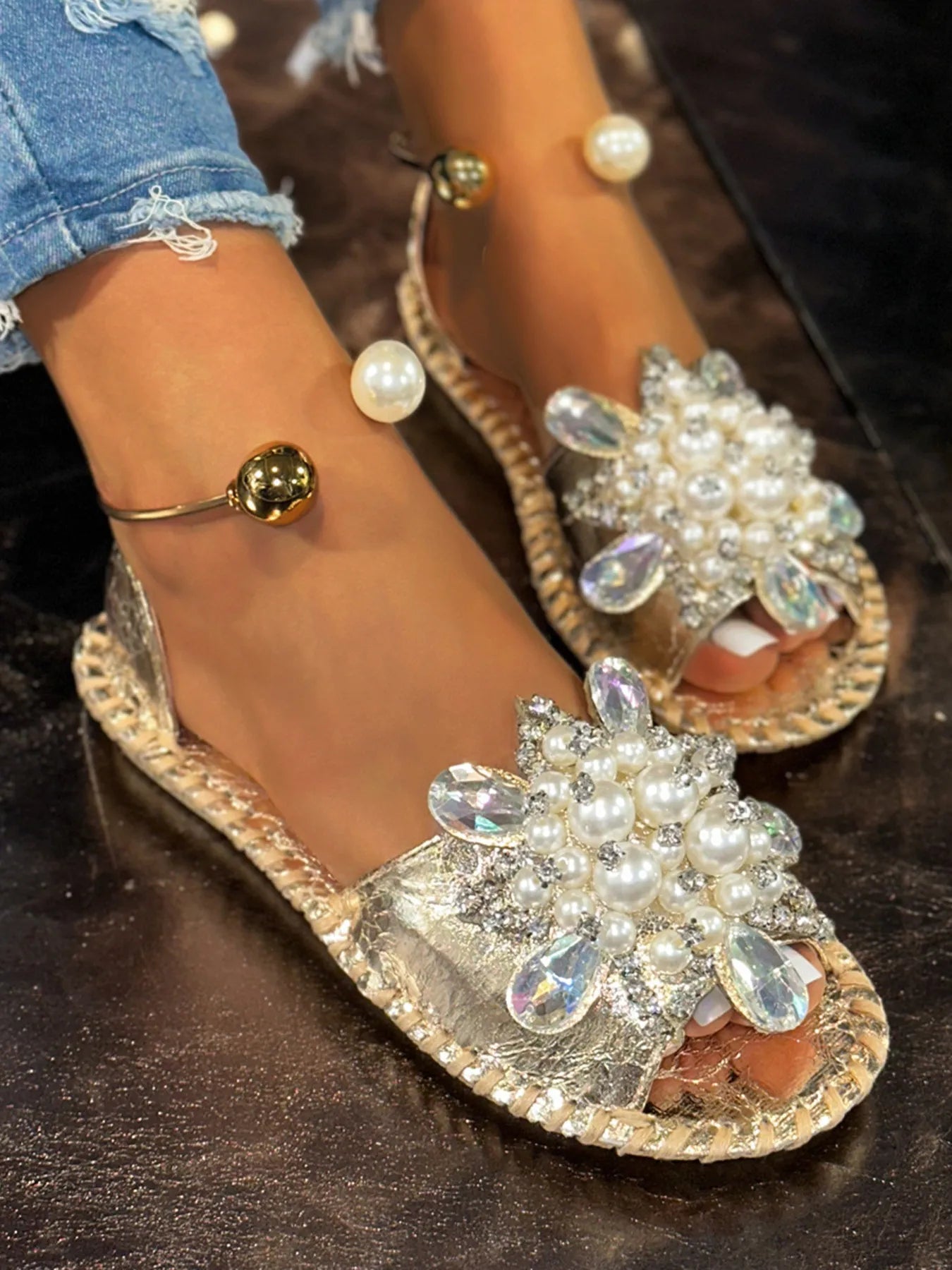Pearl Embellished Flat Sandals