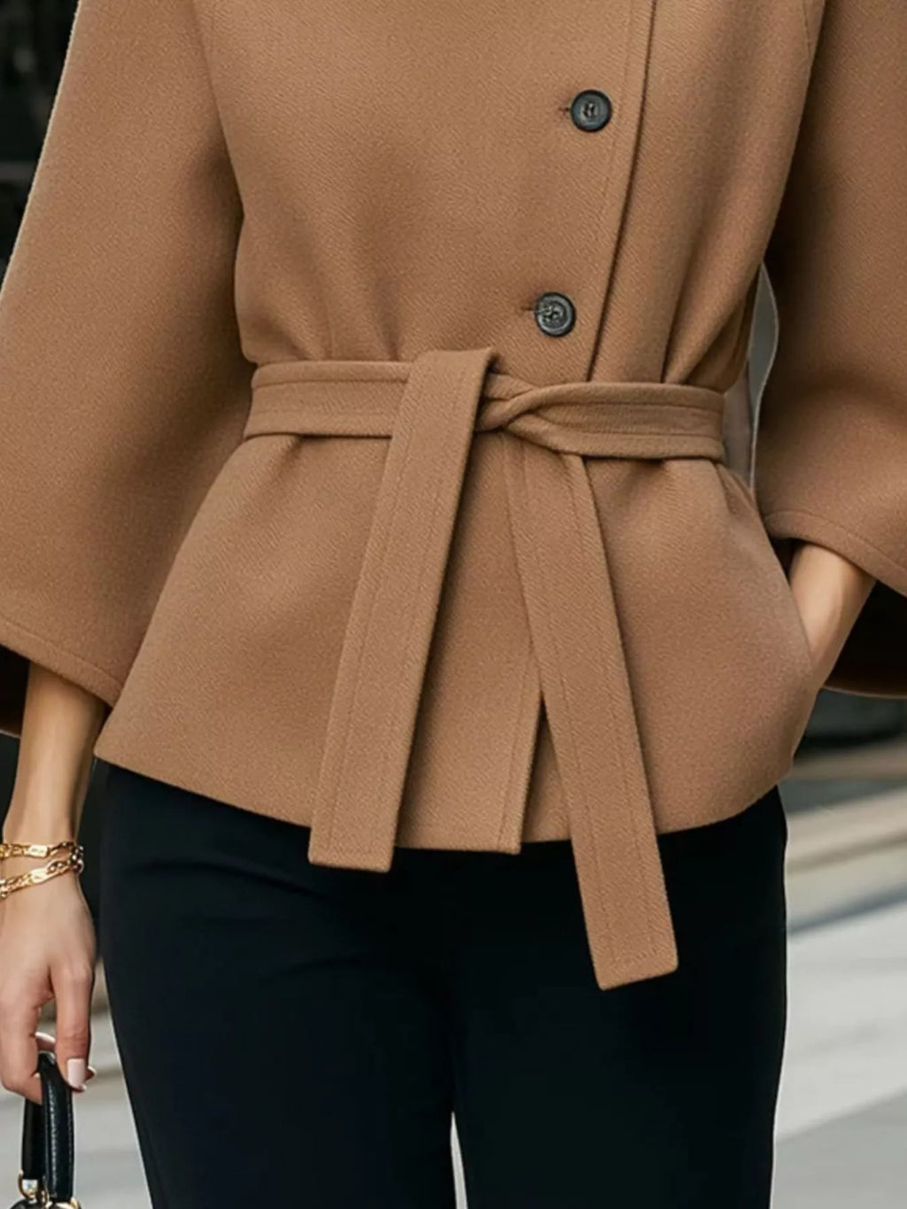 Button Down Cape Coat with Belted Waist