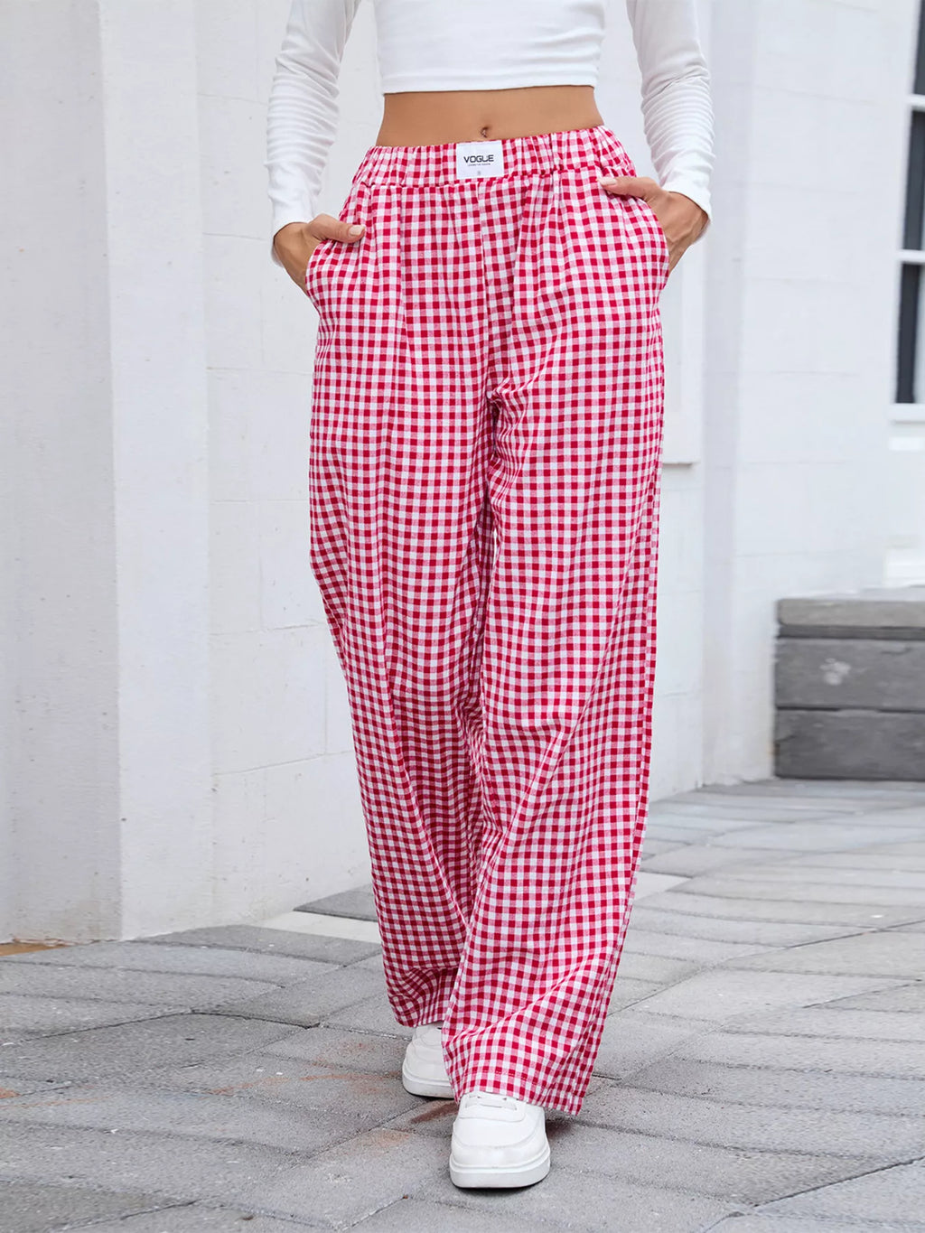 Plaid Wide-Leg Cotton Pants with Side Pockets