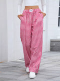Plaid Wide-Leg Cotton Pants with Side Pockets