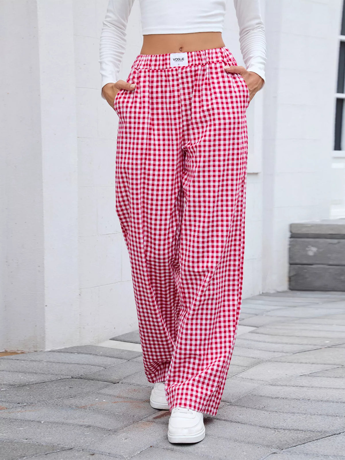 Plaid Wide-Leg Cotton Pants with Side Pockets