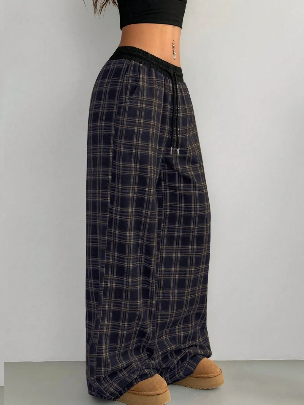 Plaid Wide Leg Pants with Drawstring Waist