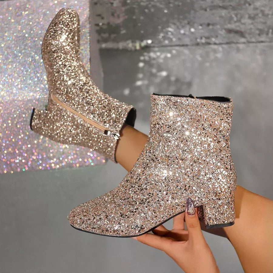 Sequin Round Toe Block Heels Boots