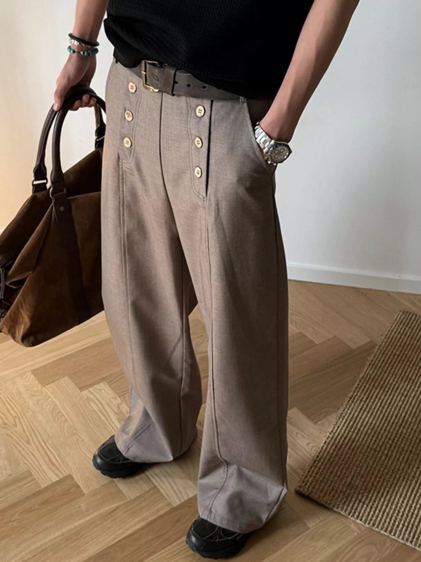 Men's  Button-Detailed Wide Leg Pants