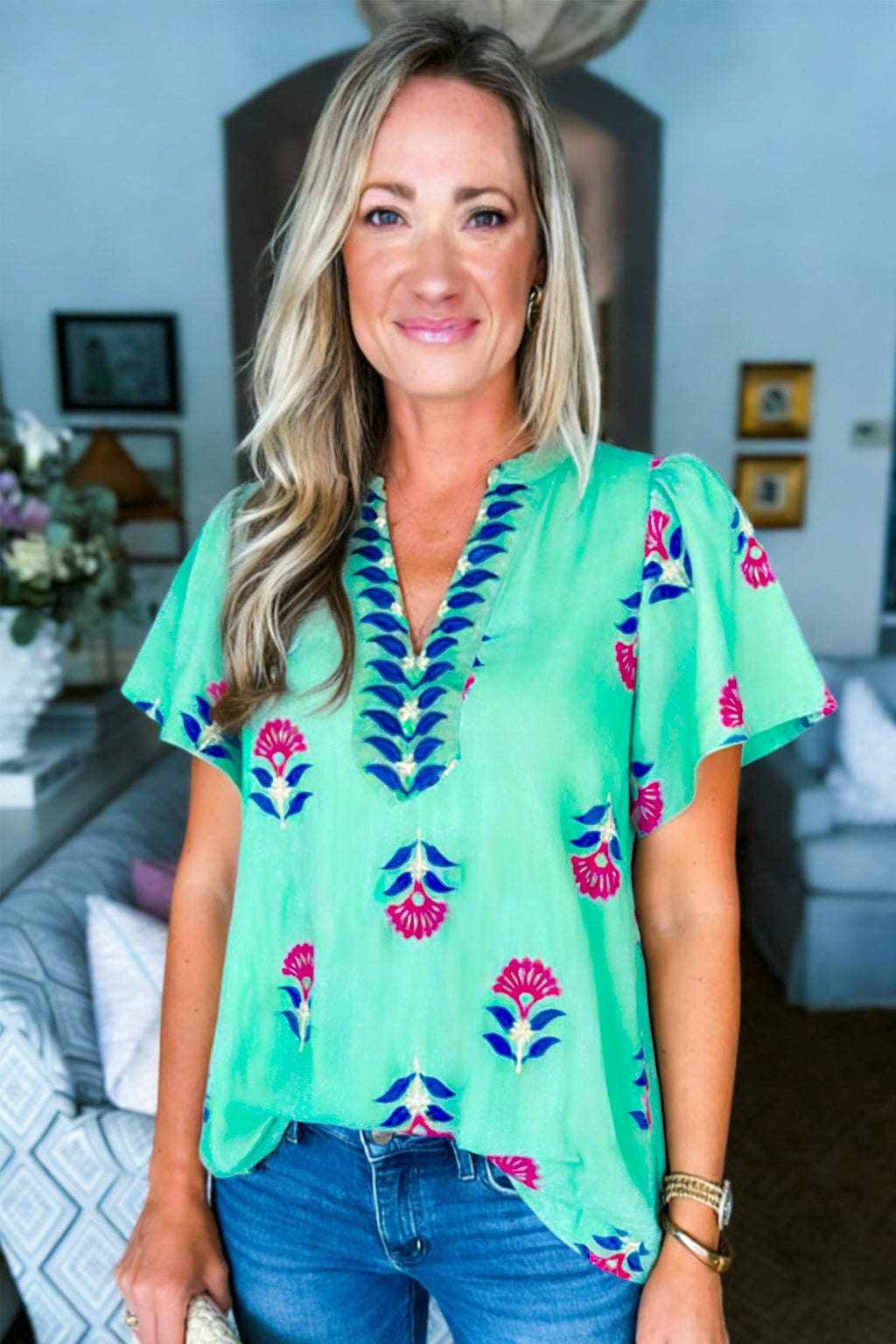 Green Floral V Neck Flutter Sleeve Blouse