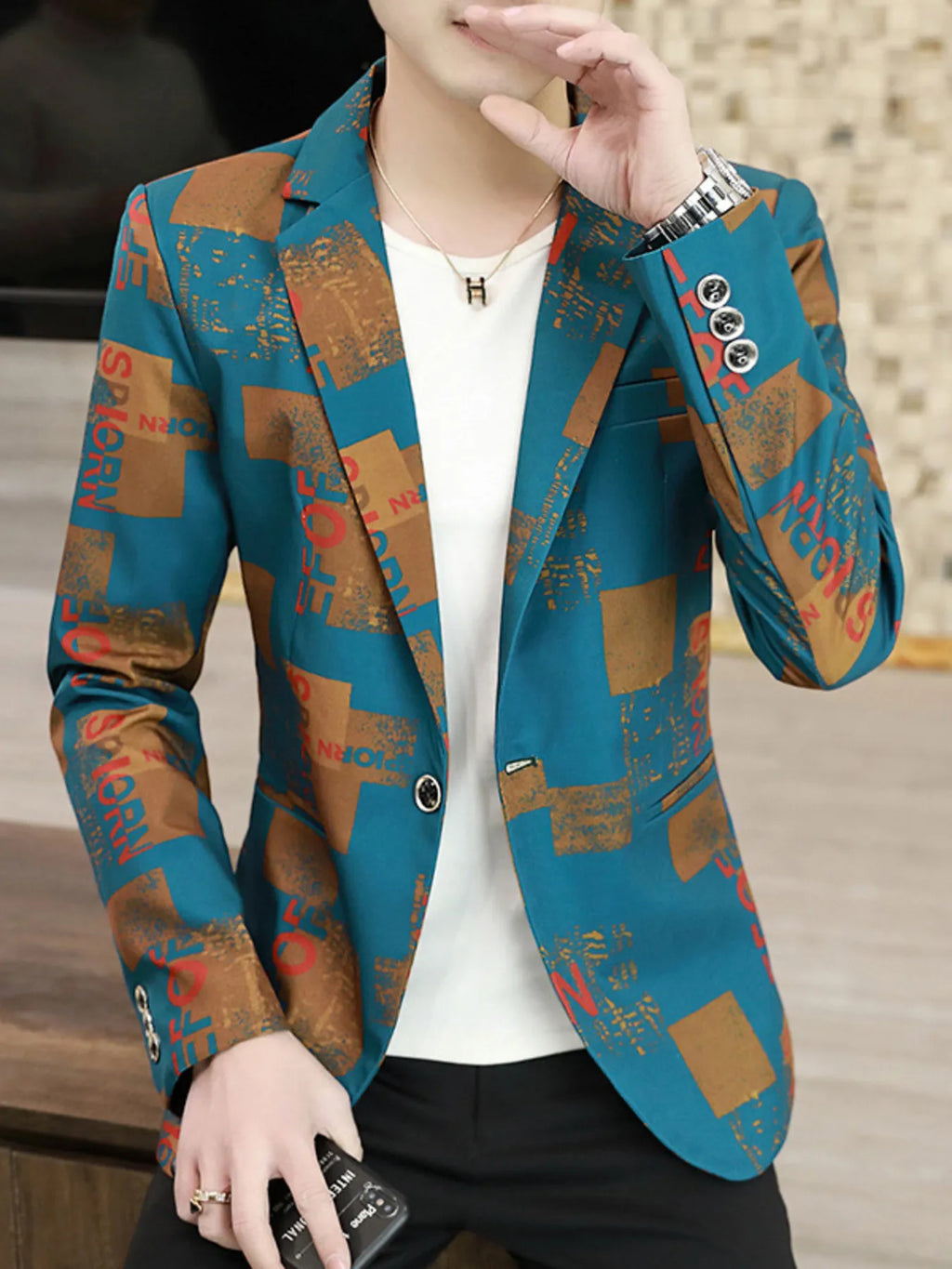 Men's Plus Size Printed One Button Slim Fit Blazer