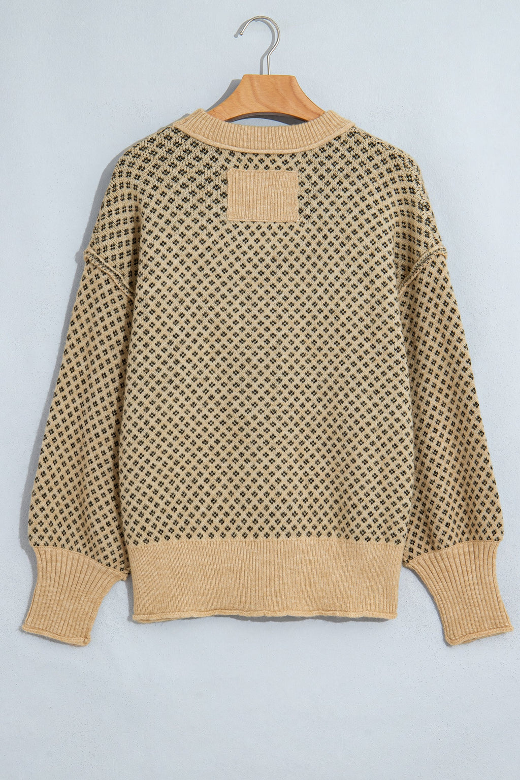 Khaki Geometric Print Drop Shoulder Round Neck Long Sleeve Sweater