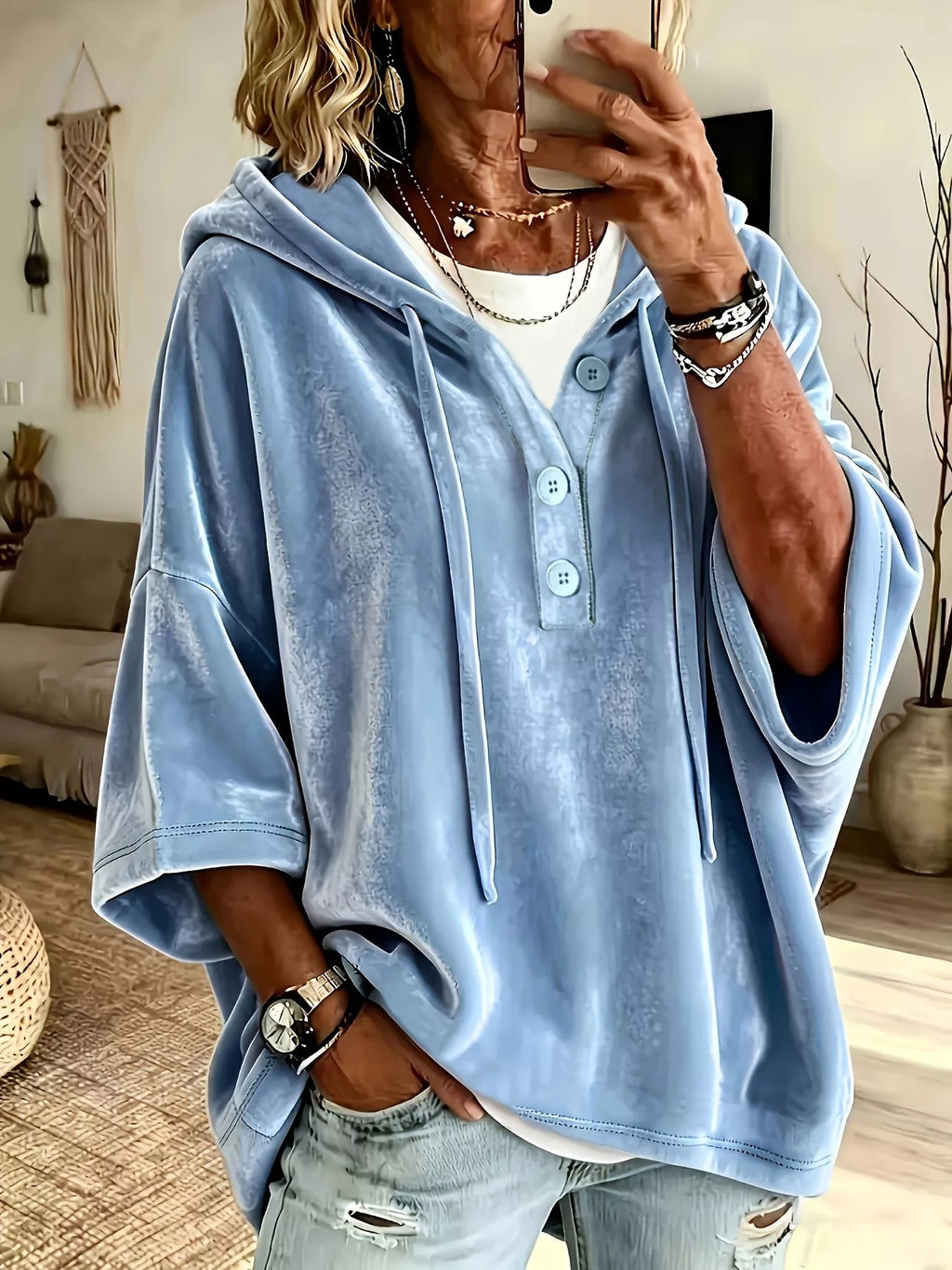 Full Size Velvet Button Detail Drawstring Hoodie Plus Size