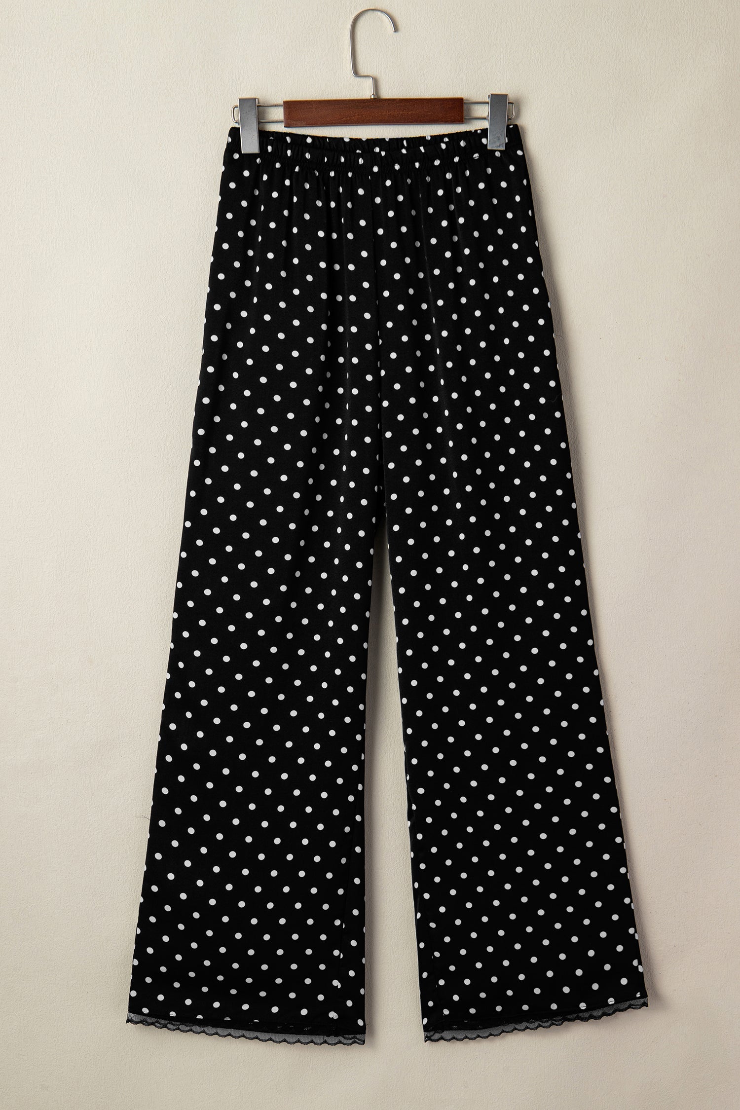 Black Polka Dot Print Elastic Waist Lace Hem Loose Pants
