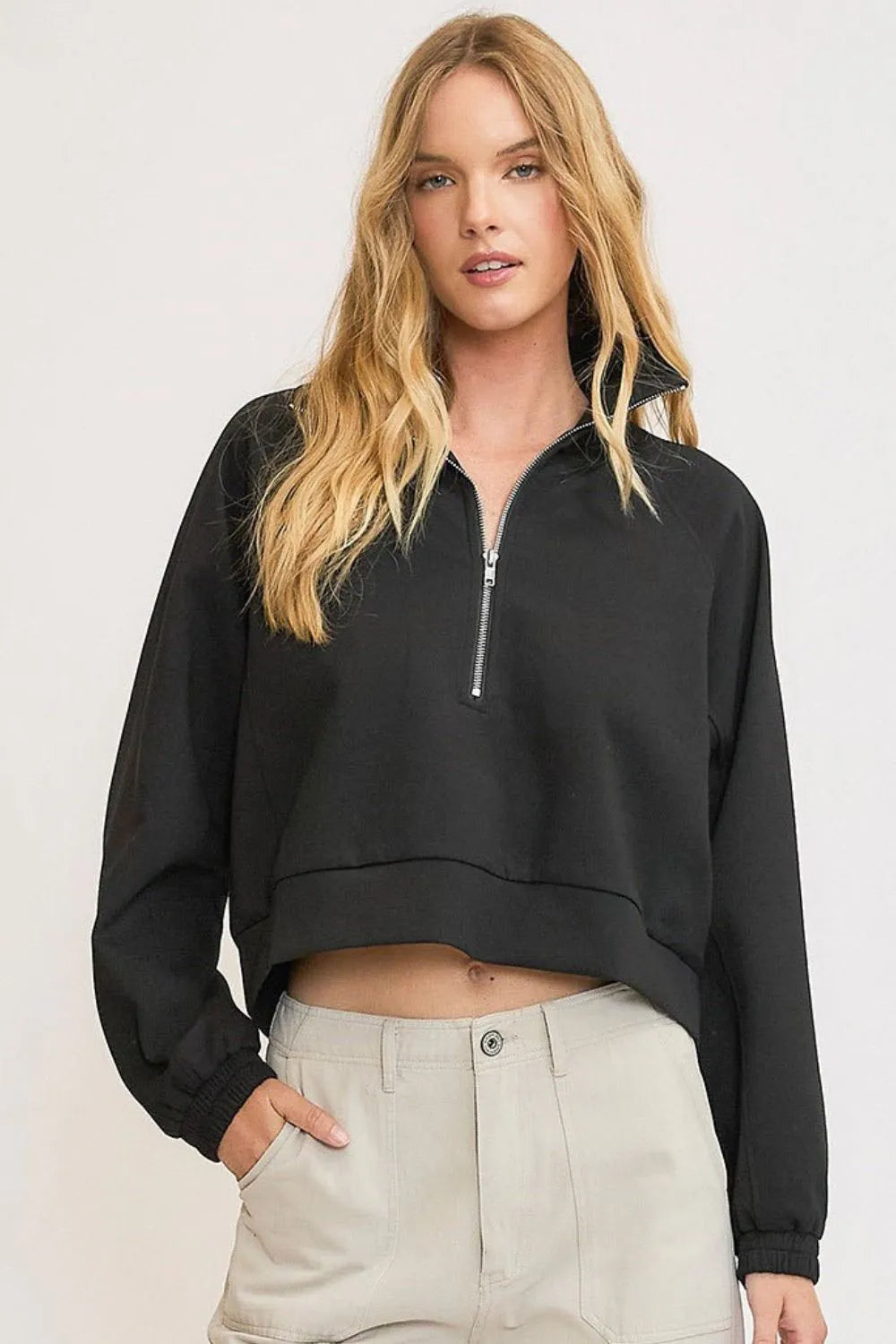 Half-Zip Cropped Sweatshirt with Zipper Collar