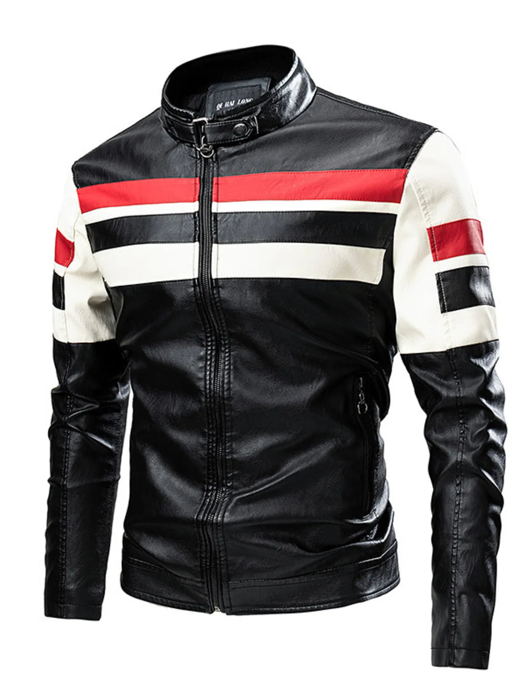 Men's Plus Size Striped Leather Moto Jacket