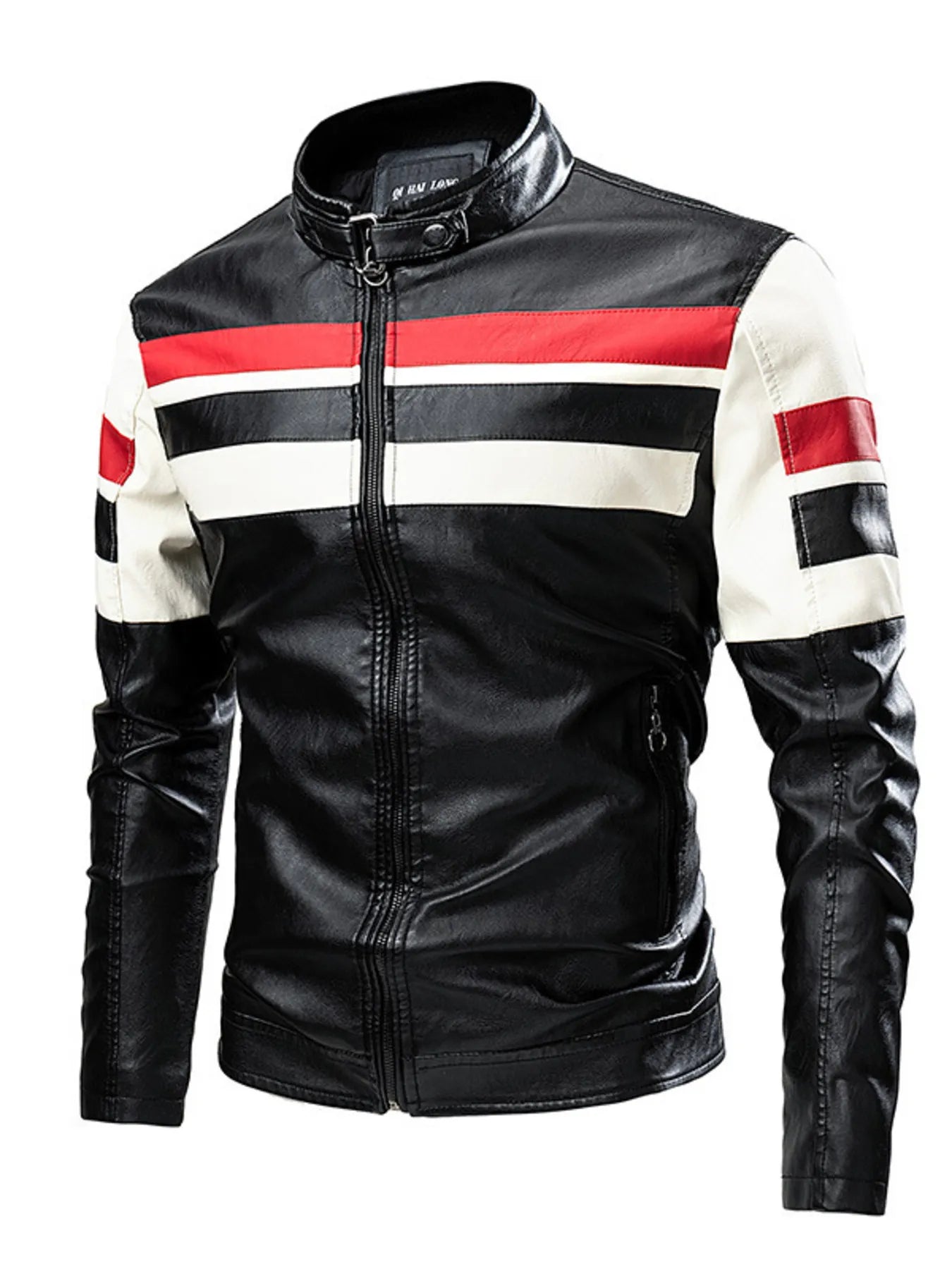 Men's Plus Size Striped Leather Moto Jacket