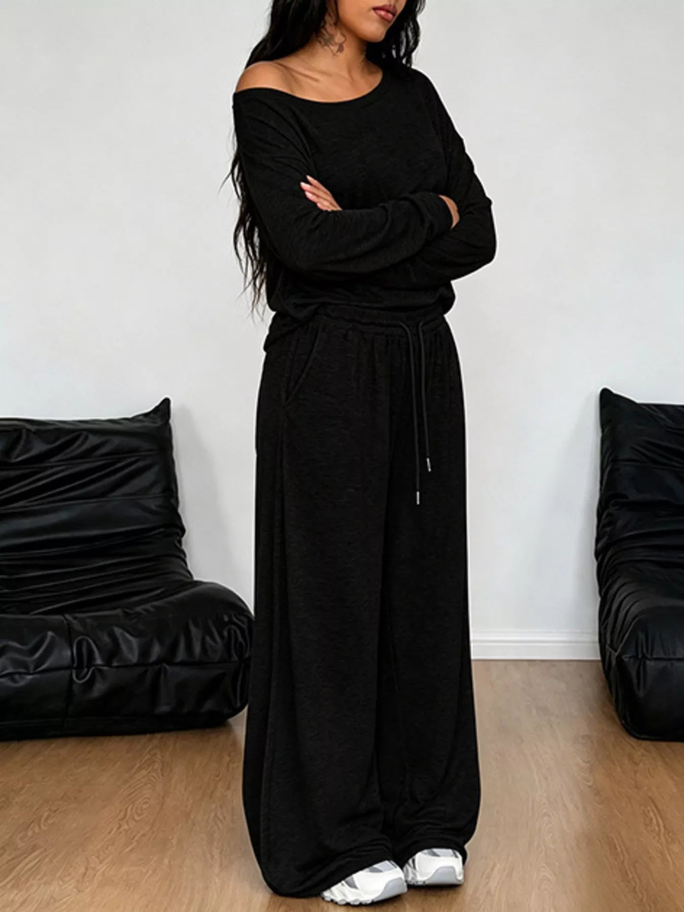 Full Size One-Shoulder Top and Drawstring Pants Set Plus Size